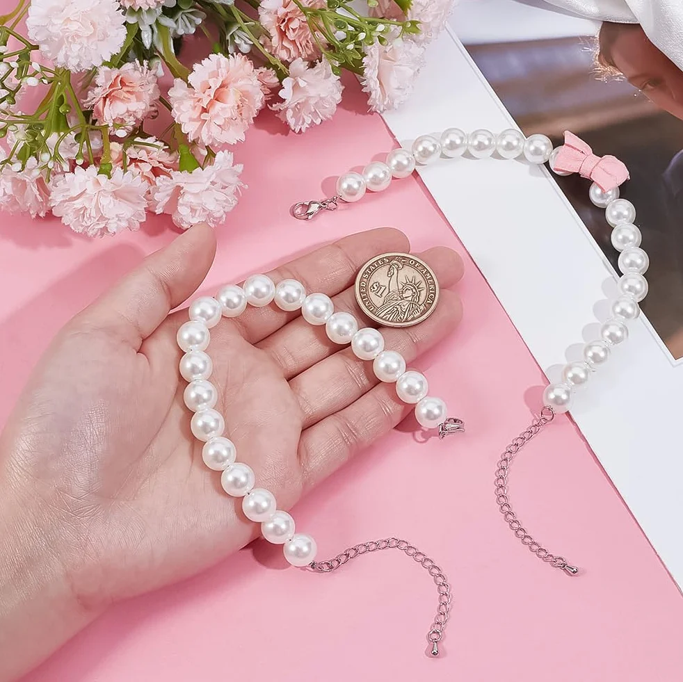 BENECREAT Collana Collare di Perle per Cani e Gatti 205~210mm Fiocco Rosa