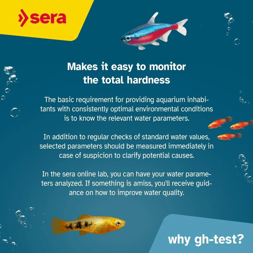 Sera GH Test 15ml | per aquario e laghetto | Misura Durezza Totale (Calcio & Magnesio) | Kit Analisi Acqua con Cuvetta, Siringa, Scheda di Valutazione | Precisione Fino a 420 °DGH per Pesci