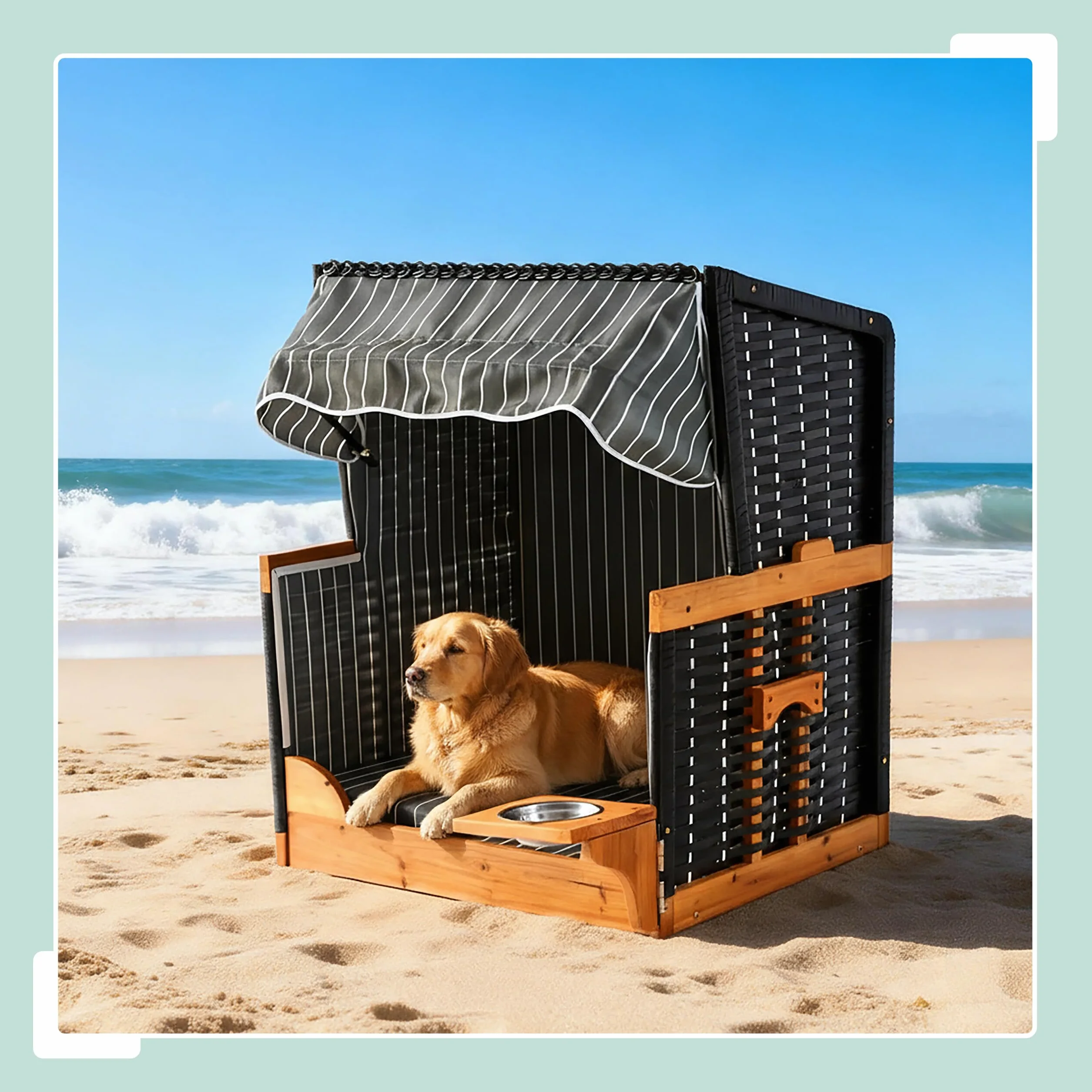 Relaxdays .ano per Cani in Rattan con Ciotola, tettuccio Parasole, 95x75x65 cm, Giardino/terrazza, Grigio