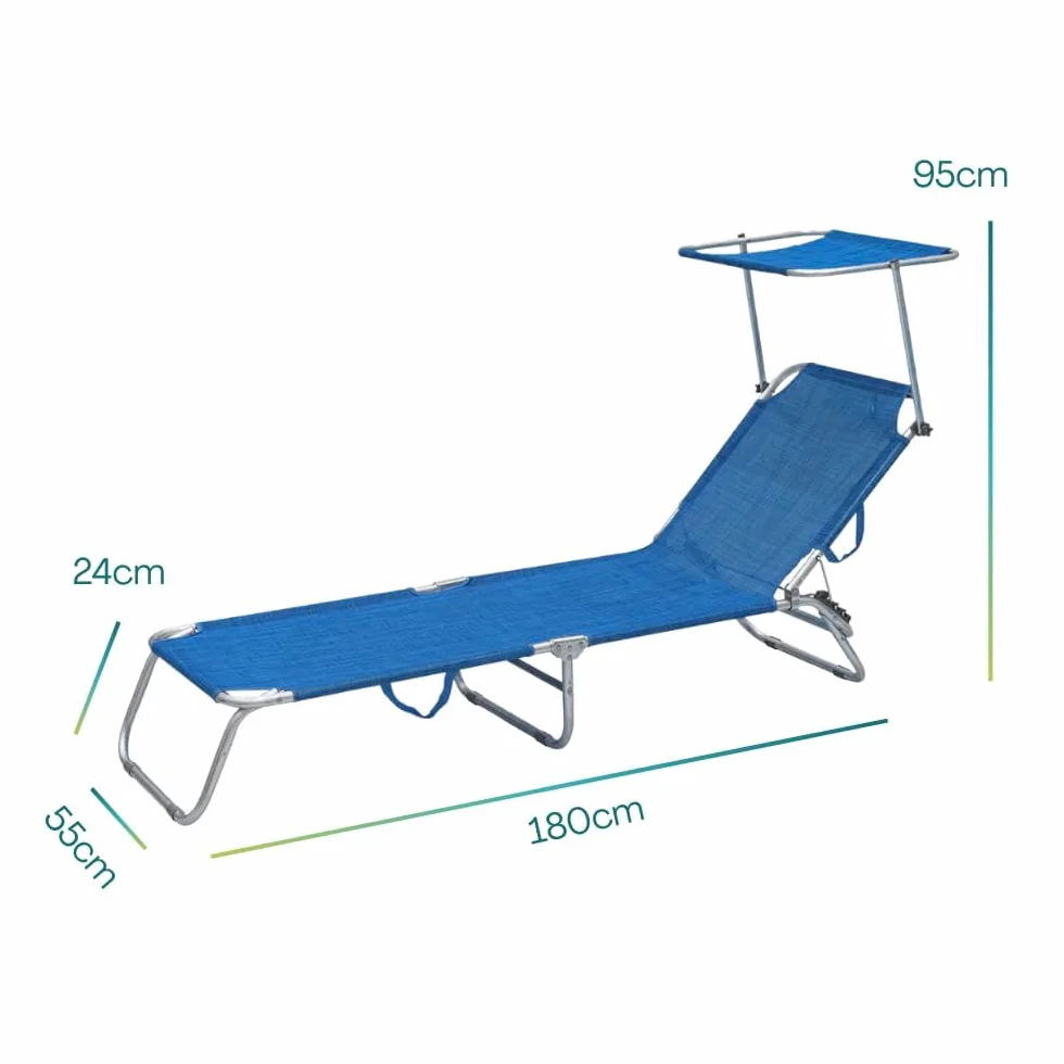 PALUPLUS Lettino Prendisole Pieghevole con Tetto Parasole con BORSA Portalettino, Misura 180x55x90 cm, Tessuto Textilene, Struttura Metallo Tubolare da 18mm, Peso Max 120kg -9301F (Blu)
