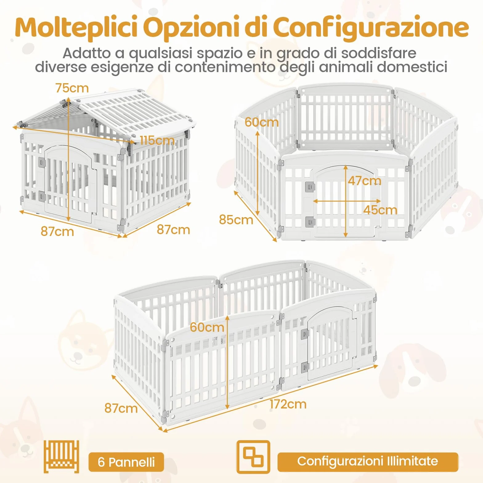 COSTWAY Recinto per Cani Pieghhevole 6 Pannelli 60 cm per Cani Medi e Piccoli 172 x 87 x 60 cm con Porta di Bloccaggio