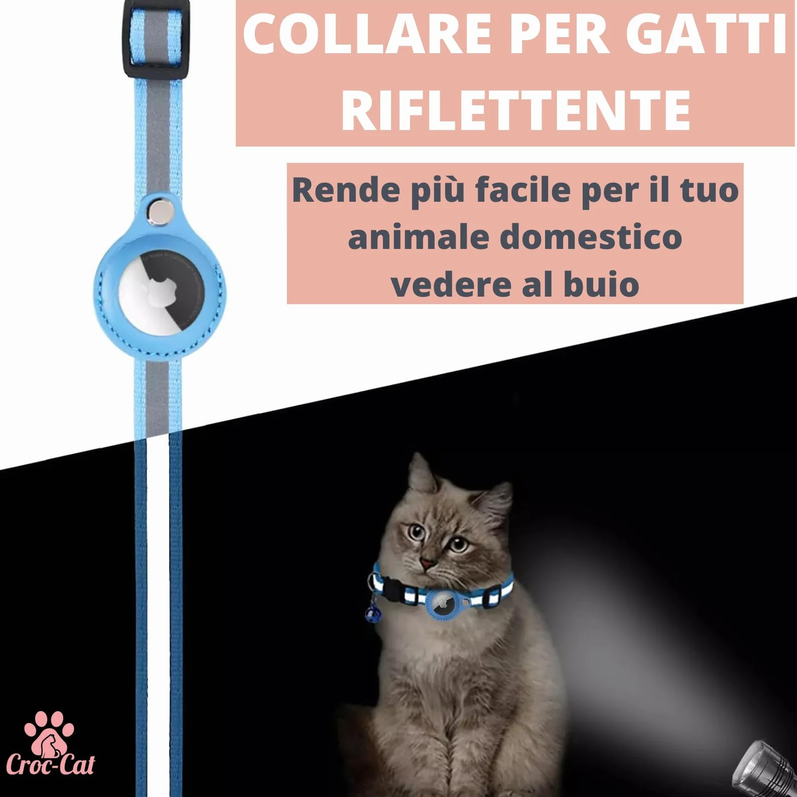 Croc-Cat® Collare Gatto, Compatibile AirTag Apple, Localizza il Tuo Gatto, Leggero & Confortevole, Sicurezza Massima, GPS Air Tag Non Incluso