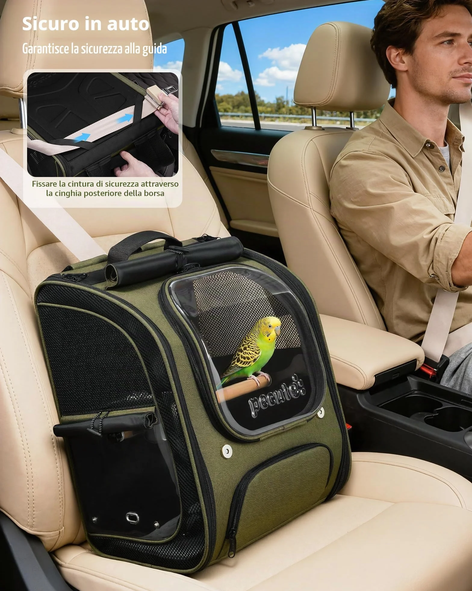 Pecute Gabbia Zaino per Pappagalli - Zaino Trasportino per Uccelli Portatile e Pieghevole con Finestra, Ciotole e Trespolo Amovibili, Sicuro e Traspirante per Veterinario e Uscite, Verde Oliva
