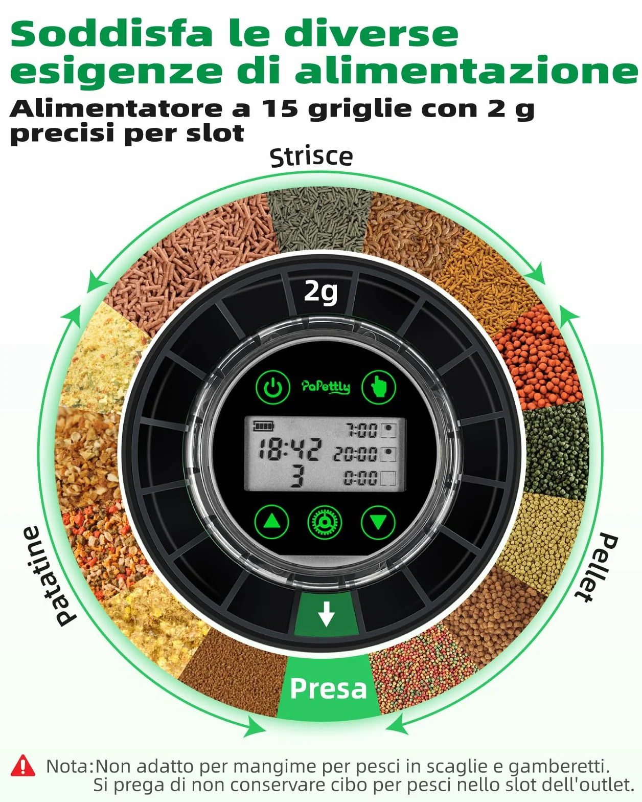 Papettly Mangiatoia Automatica Acquario - Distributore Automatico Cibo Pesci per Acquario per Rossi e Tartarughe con Cavo USB e Display LCD, Mangiatoia Pesci con Timer e Cucchiaio per Pesci