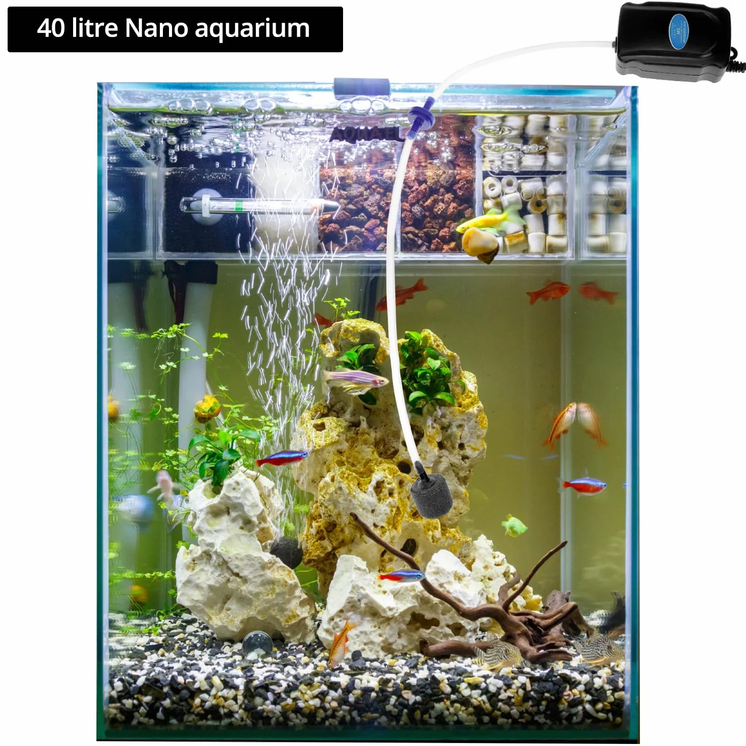 QWORK® Pompa d'aria per acquario 3W, pompa di ossigeno per acquario 2L/min, incluso tubo in silicone da 120 cm, pietra porosa e valvola di ritegno