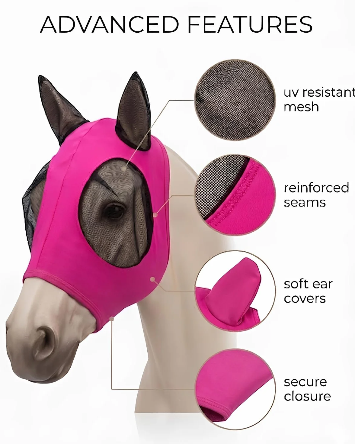 Mascherina per Cavalli Rosa Fucsia con Paraorecchie Protezione UV Insetti Rete Traspirante