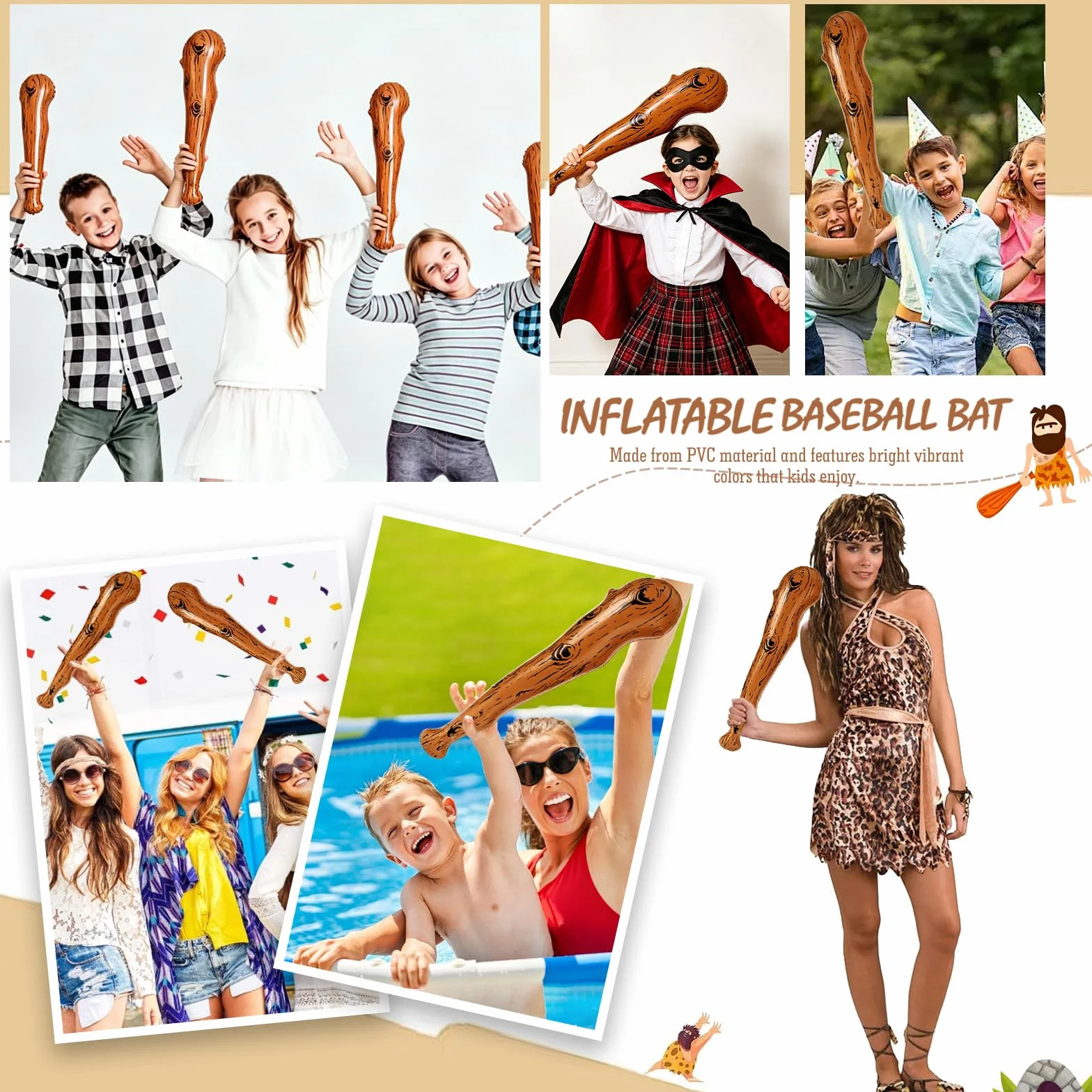 Clava Gonfiabile Mazza da Baseball Bastone Legno Halloween Carnevale 3 Pezzi