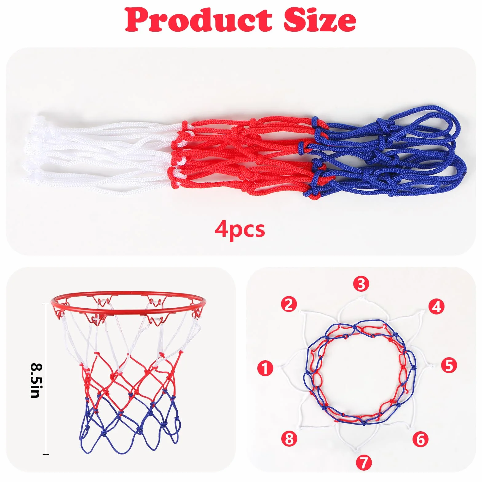 MIDELONG siatka do koszykówki 4 mini zestaw siatek do obręczy 20,3-26 cm