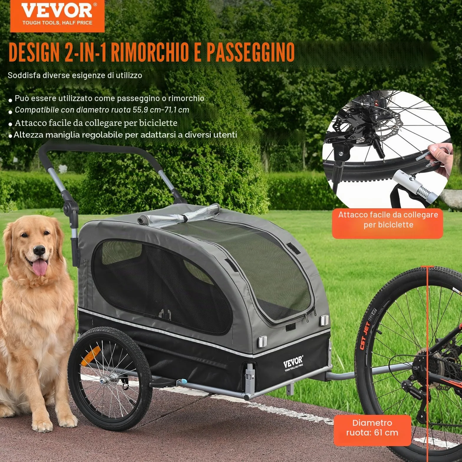 VEVOR Rimorchio per cani 2 in 1 per bicicletta in acciaio al carbonio + tessuto Oxford 600D + PP pieghevole per cani