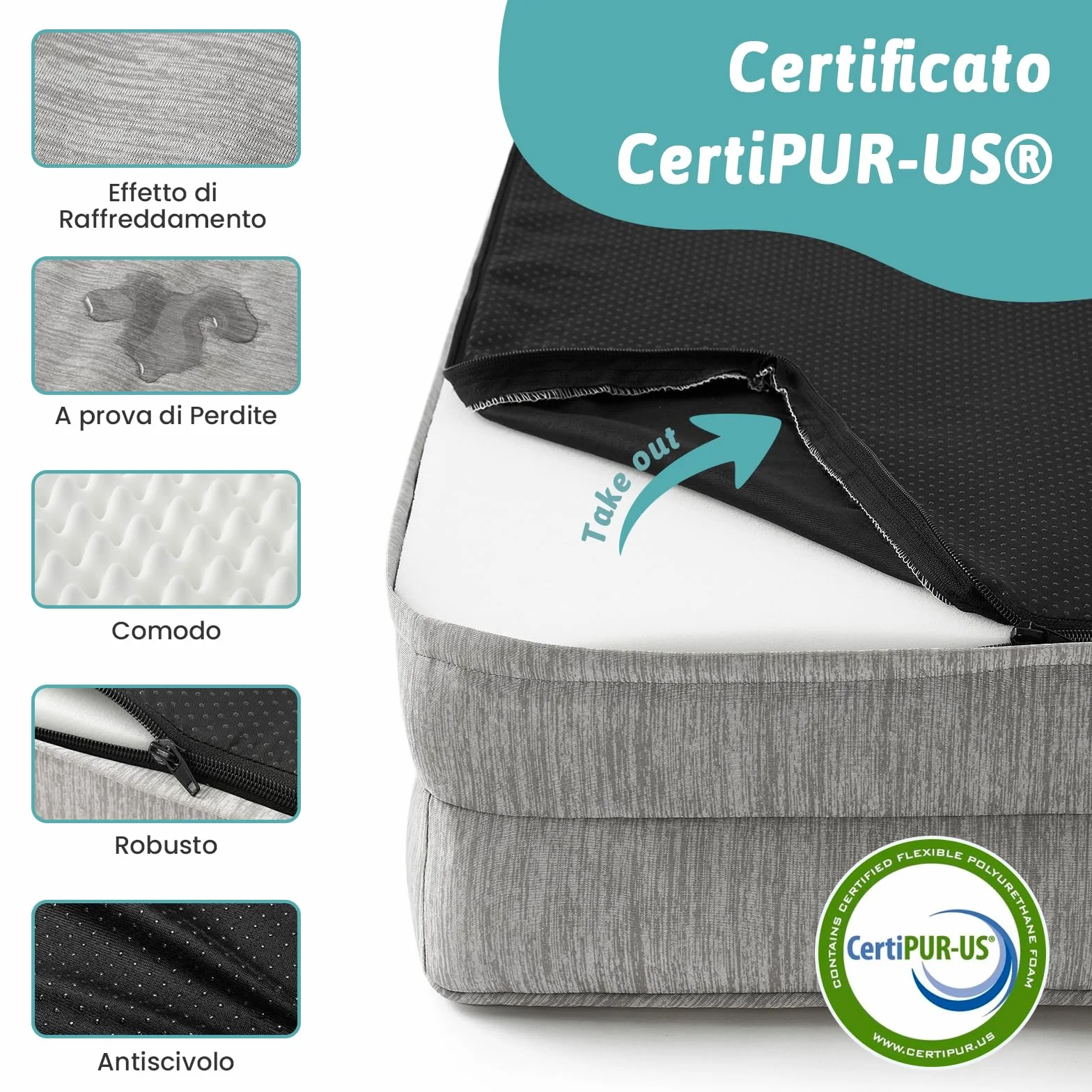 COZY KISS Letto Refrigerante Ortopedico per Cani Taglia XXL 122x81x19 cm Divano Ergonomico con Rivestimento Rimovibile Lavabile Schiuma Nido d'Ape Impermeabile Grigio Argento