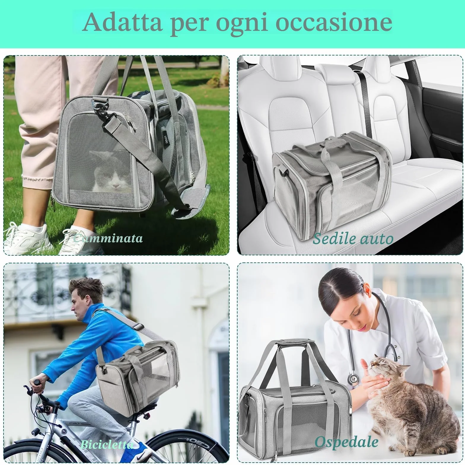 Borsa per il trasporto di gatti pieghevole traspirante 45x30x30 cm 7 kg grigio