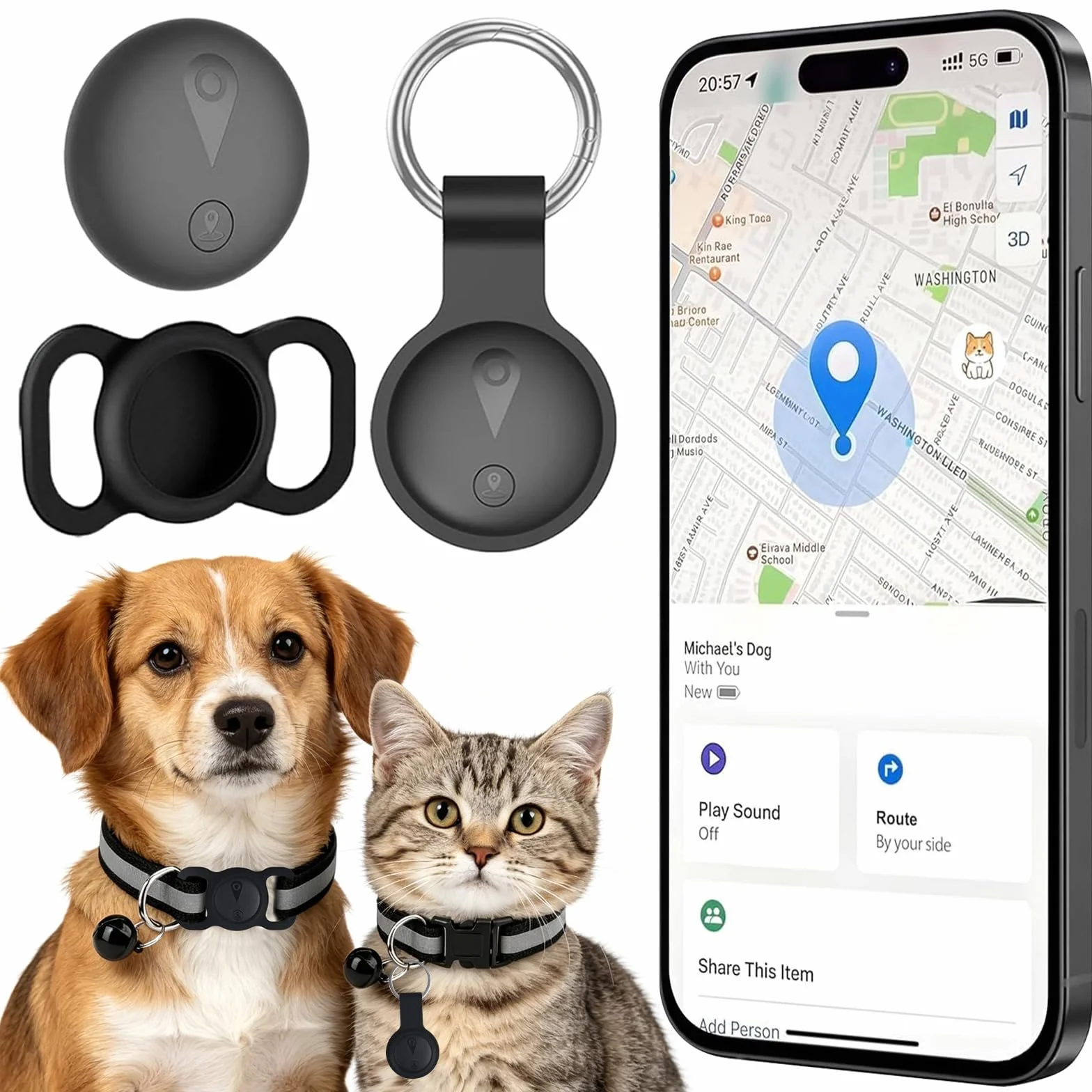 Collare GPS per Gatti, Localizzatore per Cani senza Abbonamento, Compatibile con iOS e Android, Tracciamento in Tempo Reale, Impermeabile IP67 con Lunga Durata della Batteria
