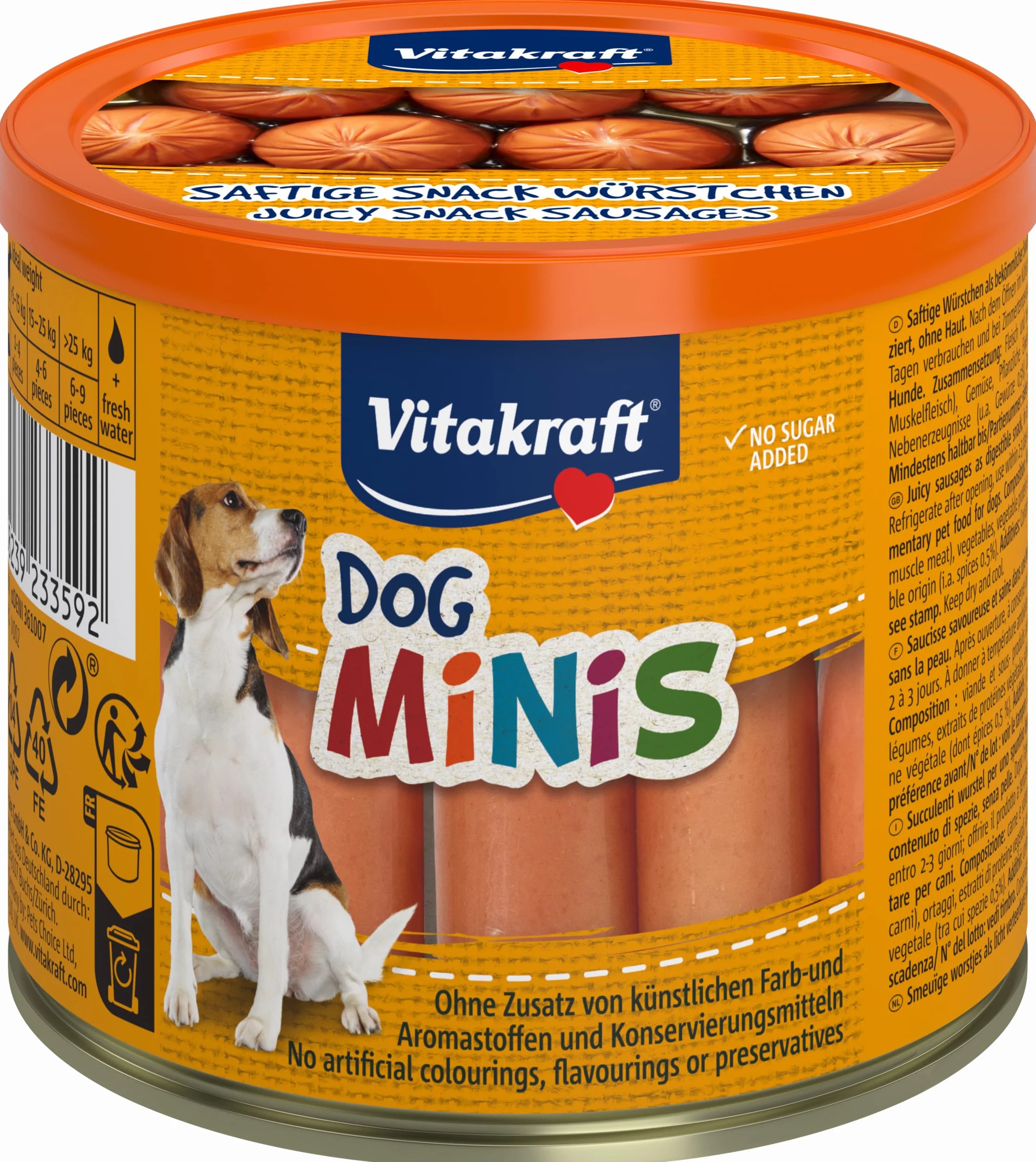 Vitakraft Dog Minis, snack cane, piccoli wurstel con pollame, in barattolo con coperchio, snack per l’addestramento del cane, a ridotto contenuto di spezie, senza zuccheri aggiunti (1x 120g)
