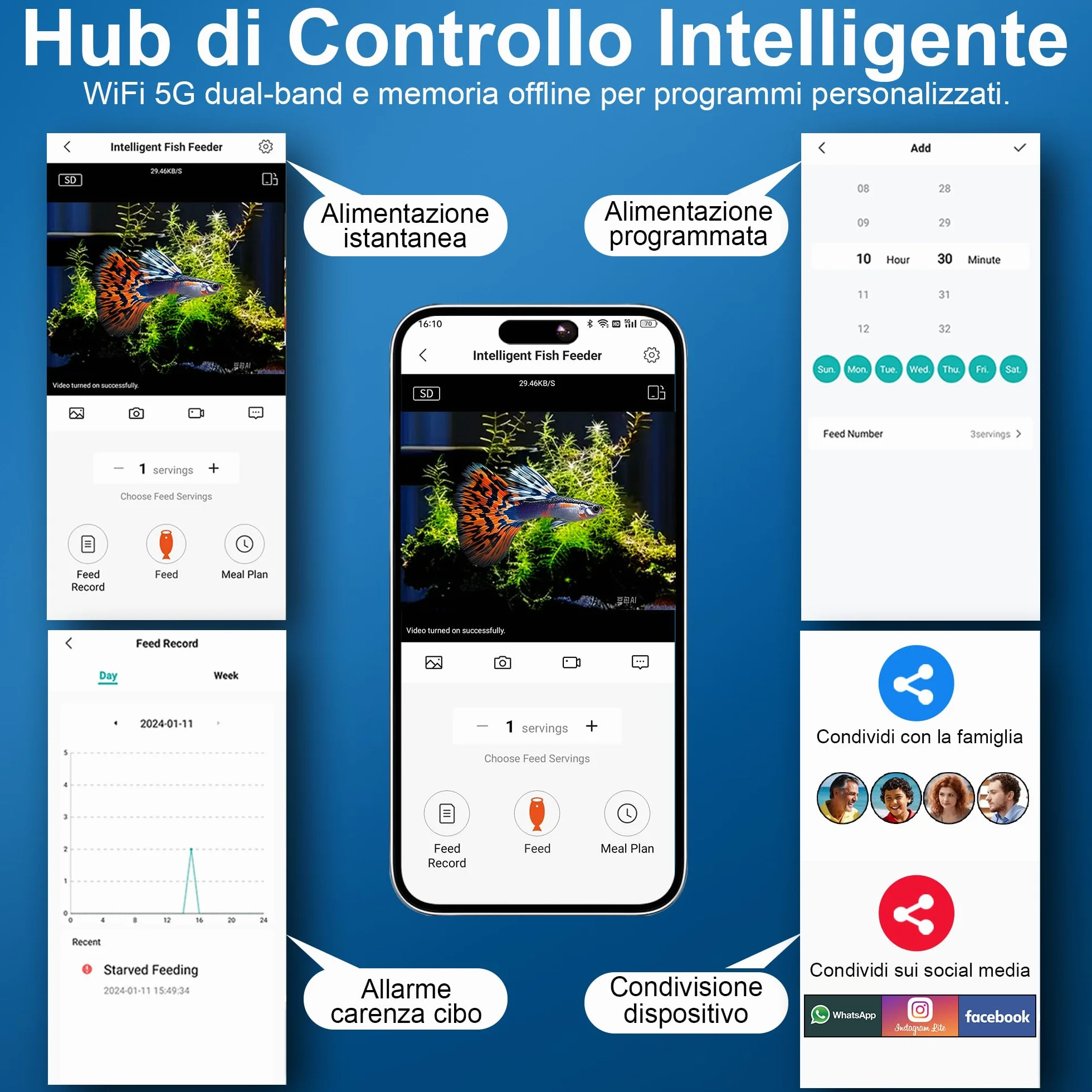 Mangiatoia Automatica WiFi Smart, Camera 2.5K, App 2.4/5G, Dosaggio 0,2g Cura Vacanze, Serbatoio 230ML Anti-Appannamento, Timer, Notifiche, Acquario Marino, Acqua Dolce e Tartarughe