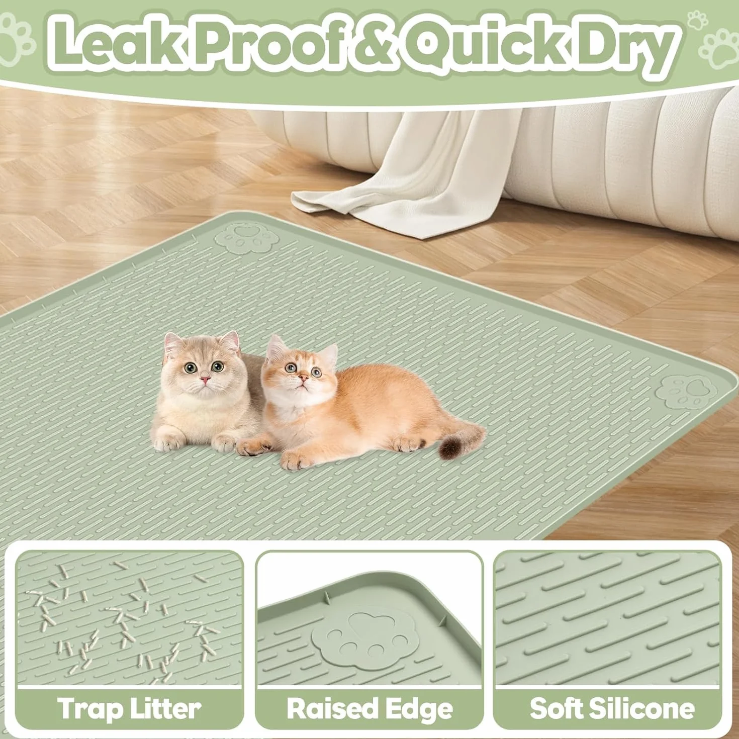 Tappetino per Lettiera Kalolary - Extra Large 101 x 71 cm Tappetino in Silicone per Gatti, Antispargimento, Morbido sulle Zampe, Impermeabile e Facile da Pulire (Verde (101 x 71 cm))