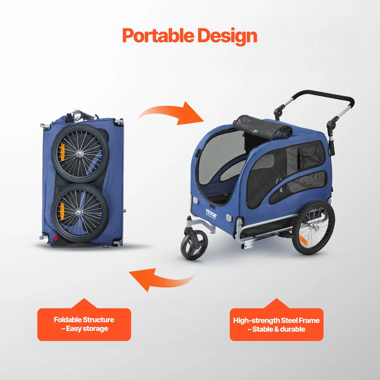 VEVOR Rimorchio Bici per Cani Pieghevole Portata max. 45kg Passeggino per Animali Domestici con Ruote a Sgancio Rapido, Attacco Universale, Carrello per Bici Traino Rimorchio per Animali Nero/Blu
