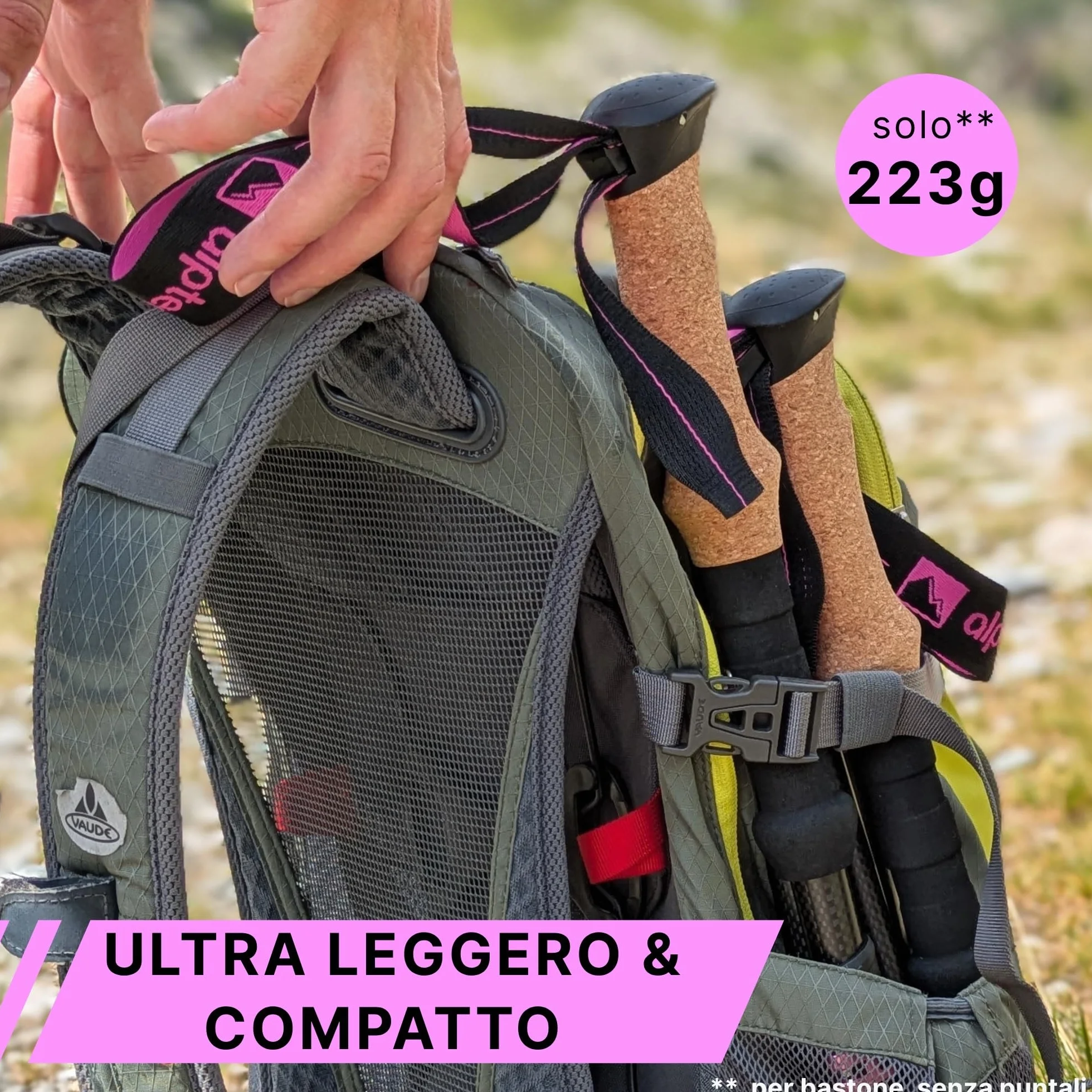 Bastoni da trekking pieghevoli in carbonio con impugnatura in sughero extra leggeri