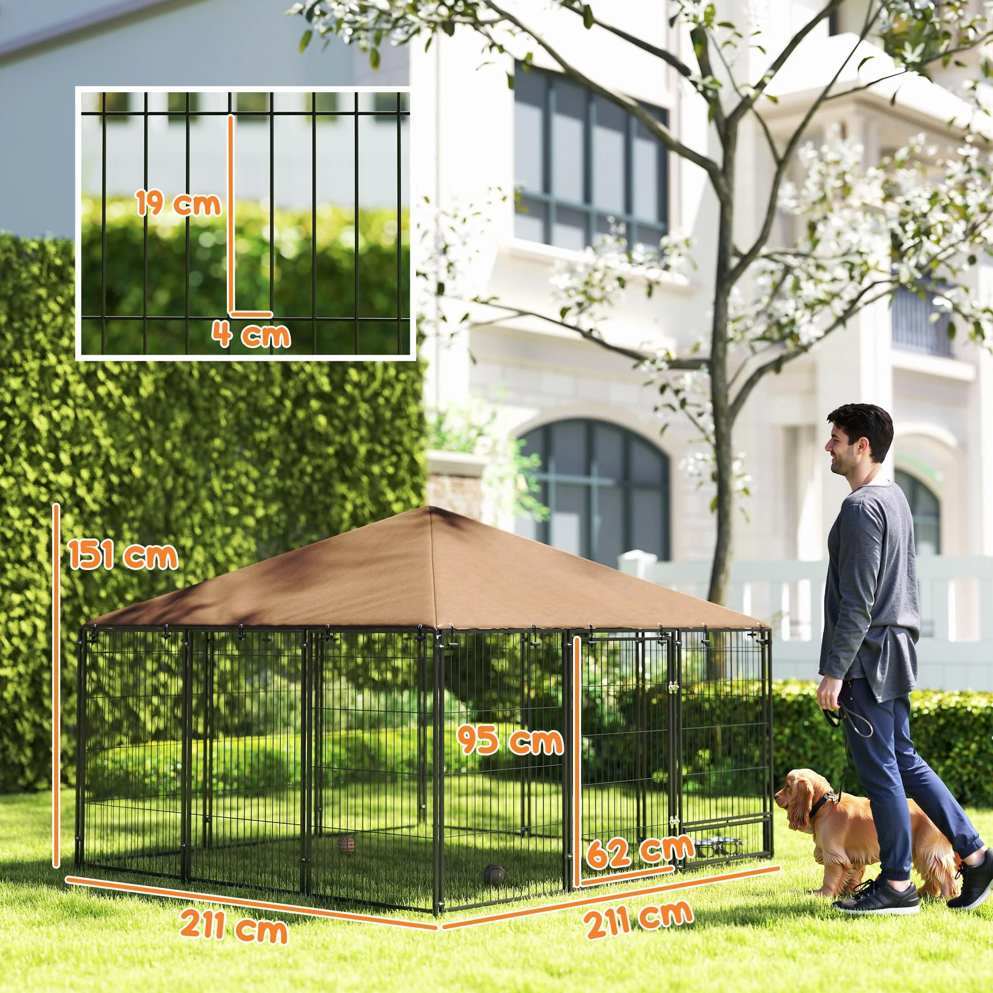 PawHut Recinto per Cani Acciaio 211x211x151 cm Tetto Anti-UV Impermeabile Ciotola Girevole Nero e Marrone