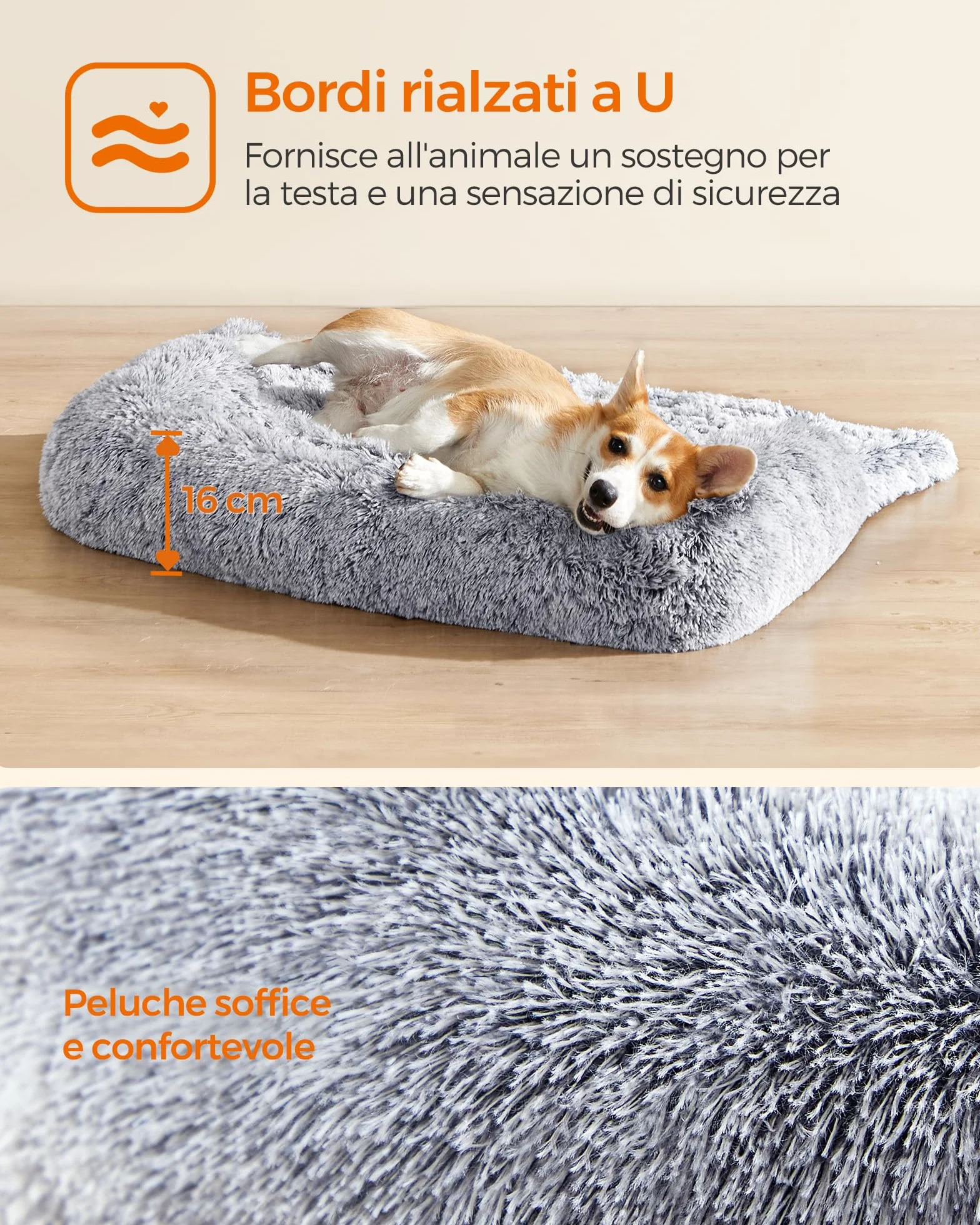 Feandrea FluffyHug Cuccia Divano per Cani di Peluche, Tappeto Copridivano per Animali, Taglia L, per Cani di Media Taglia, 95 x 85 x 16 cm, Grigio Ombré PGW222G01