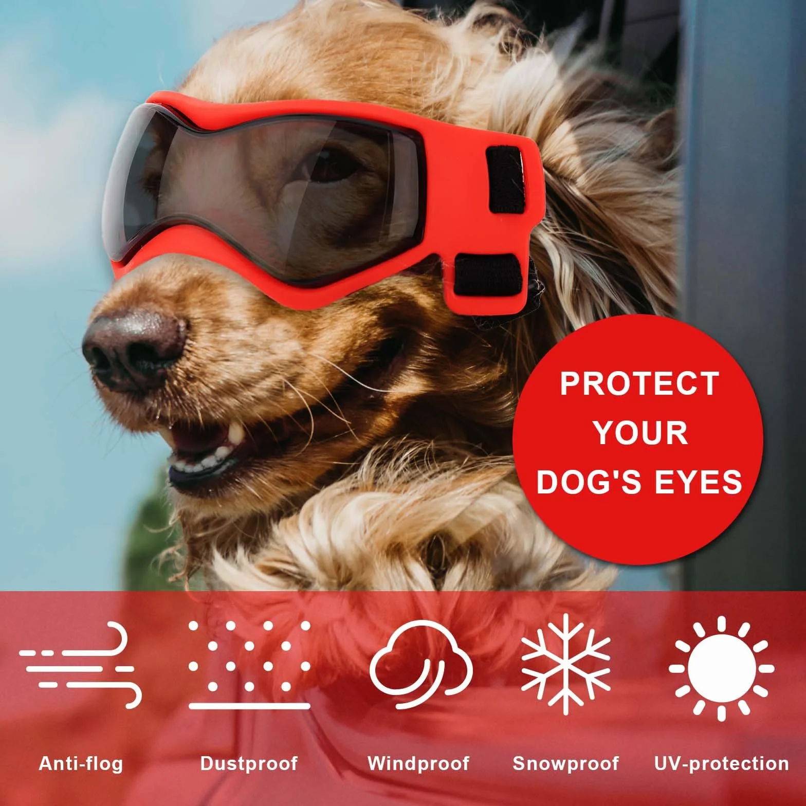 Occhiali da Sole per Cani Antivento e Antiappannamento, Regolabili per Animali Domestici di Taglia Piccola e Media - Protezione per Gli Occhi All'Aperto (Rosso)