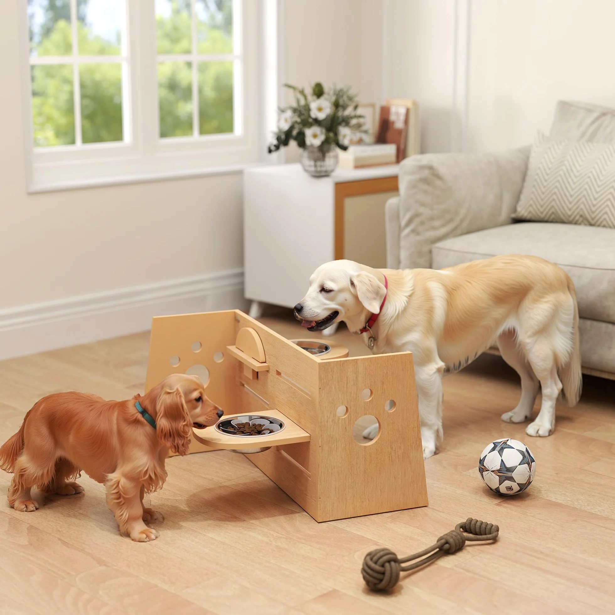 PawHut Ciotola per Cani rialzata di 3 Altezze Regolabili, Ciotola per Cani con 2 Ciotole in Acciaio Inox, Tappetino per Alimentazione Lento, Design Separato, per Cani Piccoli, Medi e Grandi, Rovere