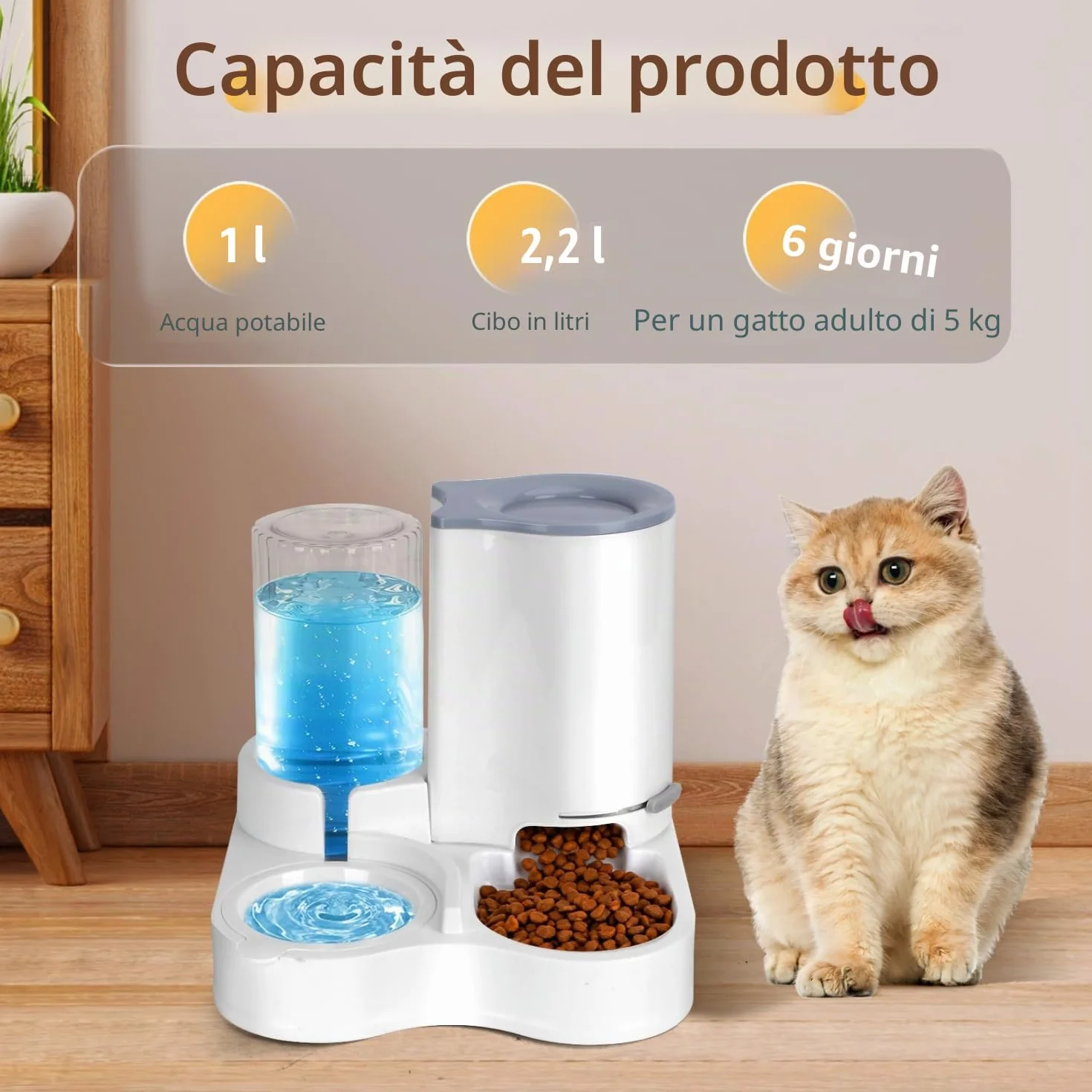 Nobleza Distributore per Gatti 2 in 1 con Fontana - Dispenser gravità Cibo 2.2L e Acqua 1L, Igienico Salvaspazio, Senza Elettricità, Design Moderno (Grigio)