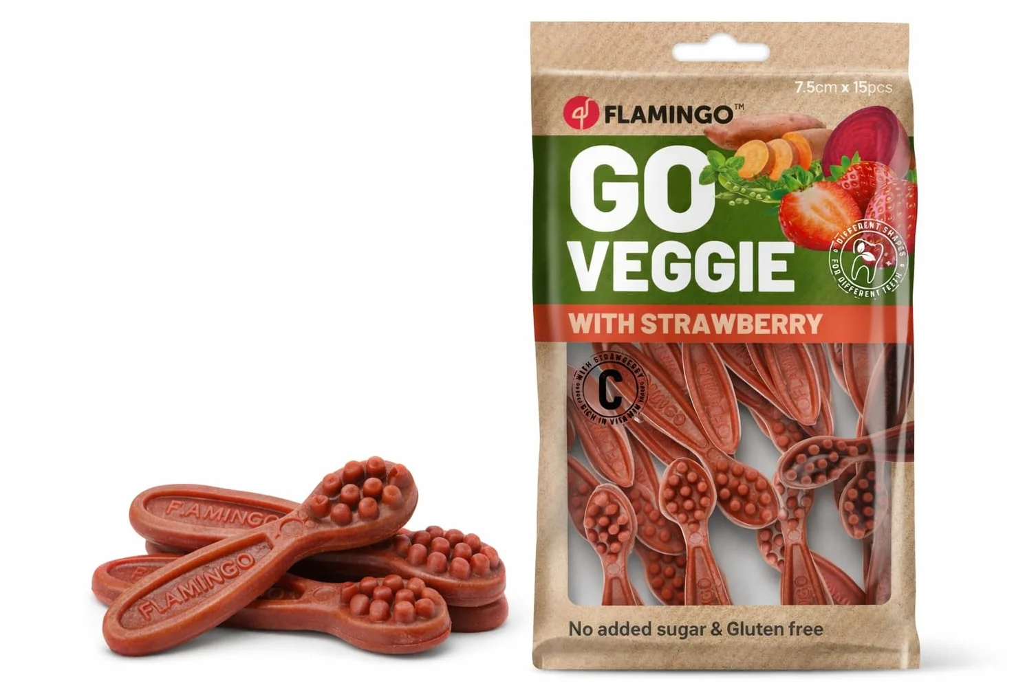 Bastoncini per cani – Snack Veggie Spazzolino con Fragola Rossa – 7,5cm – 120g – senza glutine – favorisce l’igiene dentale