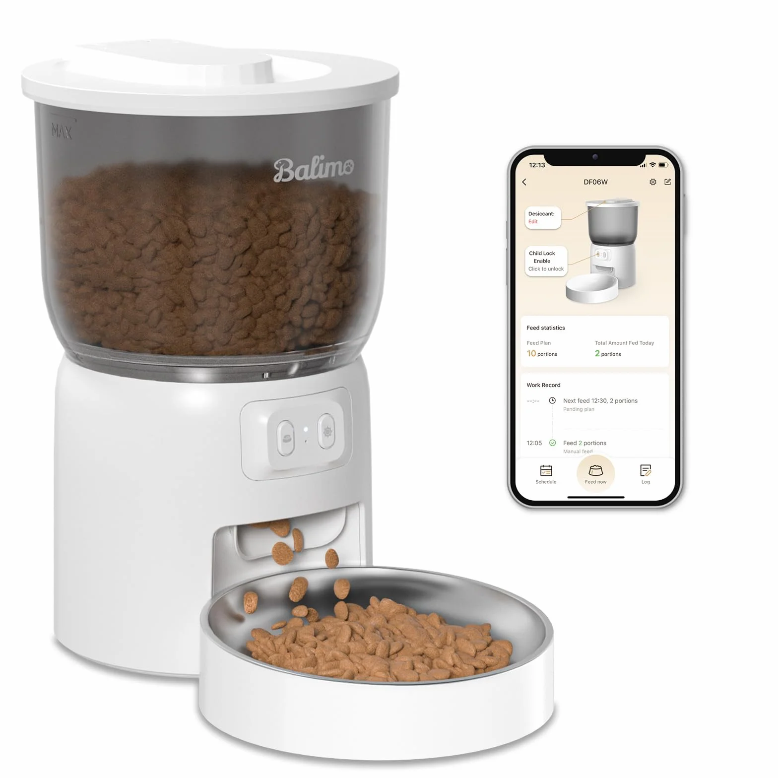 Balimo Distributore Automatico Cibo Gatti, 2.4G WiFi Dispenser Crocchette Gatto, 3L Distributore Automatico Cibo Cani, Adatto Controllo App, Da 1 a 10 Pasti al Giorno, Adatto Per Cani e Gatti, Bianco