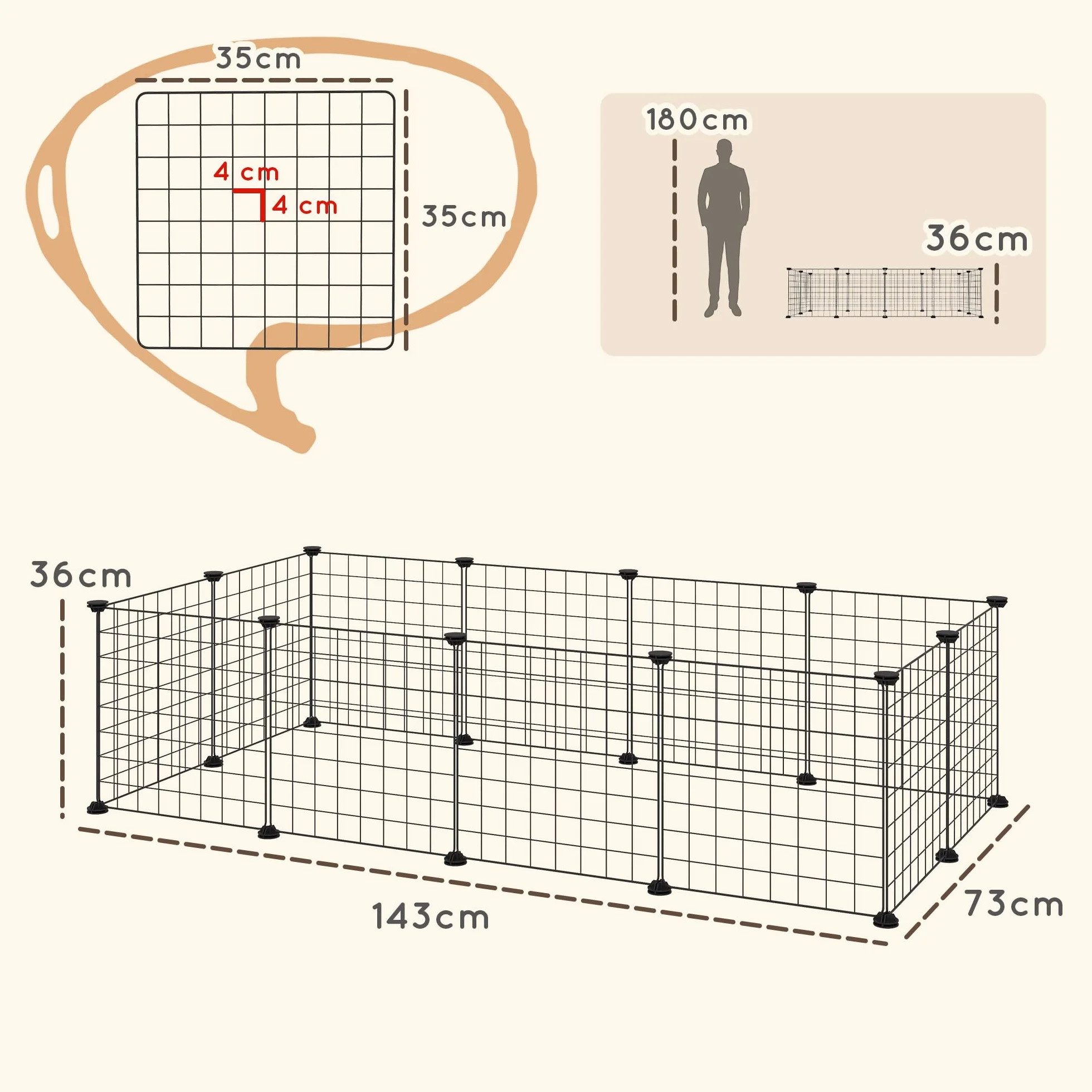 PawHut Recinto per Cuccioli e Piccoli Animali Modulabile in Metallo e PP, 12 Pannelli da 35x35cm Nero