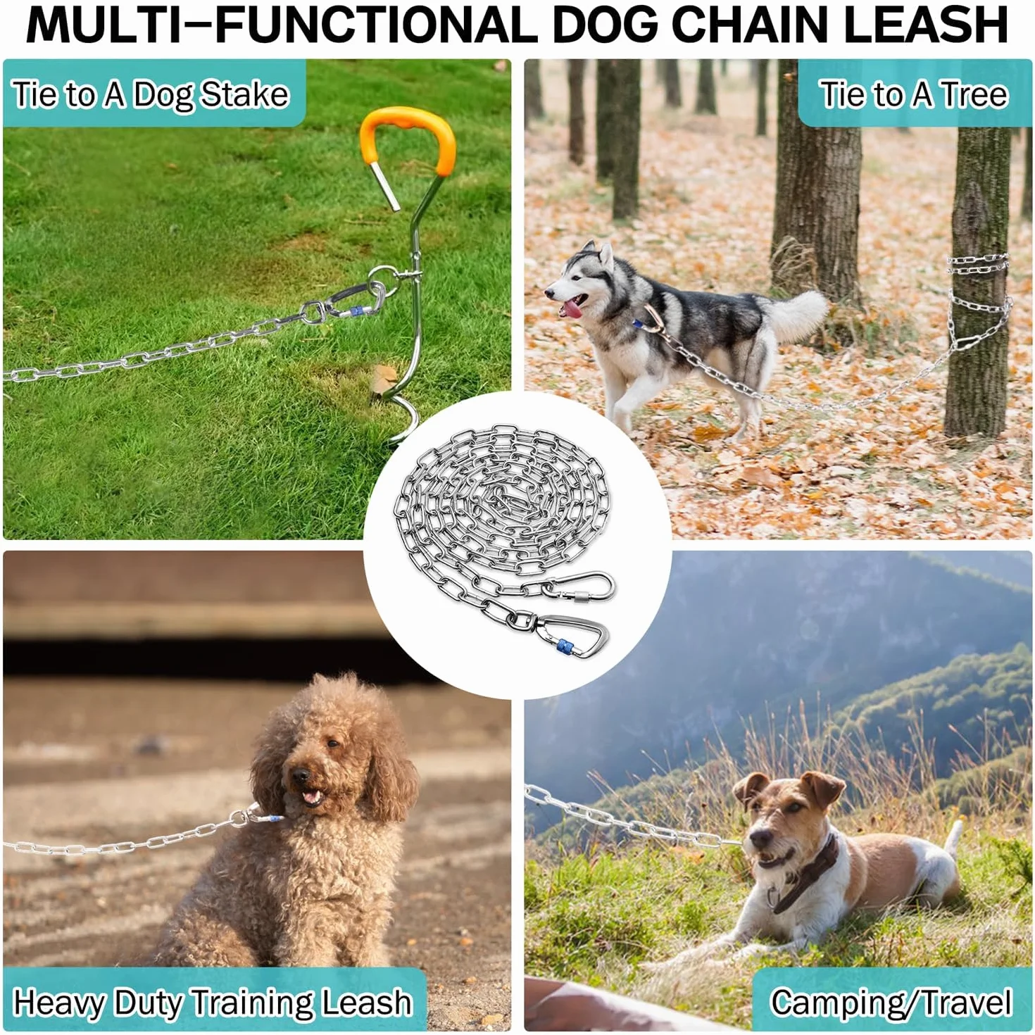 Catena per cani resistente per guinzaglio in metallo da 5 m, a prova di masticazione, guinzaglio lungo per esterni con forte gancio girevole, runner per cani all'aperto per campeggio, cavo per legare