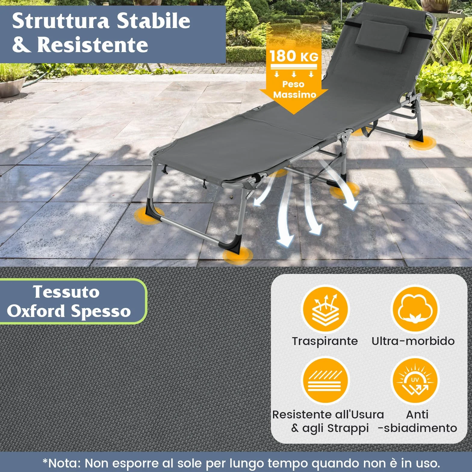 COSTWAY Lettino Prendisole Pieghevole Portatile, Lettino da Spiaggia con Fori per Viso e Braccia, Cuscino Poggiatesta e Tasca, Schienale Regolabile, per Mare e Piscina, Portata 180 kg (Grigio Scuro)