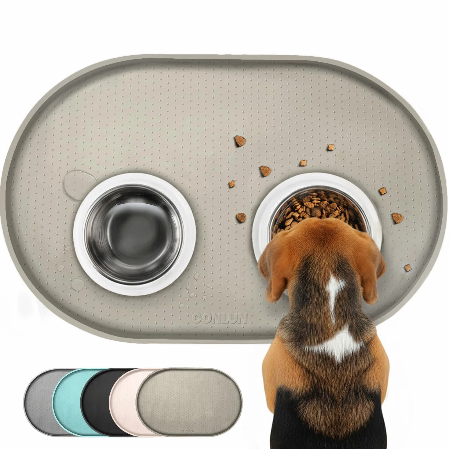 Conlun Tappetino Ciotola Cane, Tappetino Ciotole Gatto con Bordi Rialzati di 1,2 cm per Contenimento Degli Schizzi, Tappetino Silicone per Animali Senza BPA, Sottociotola per Cani(Taupe,81x51 cm)