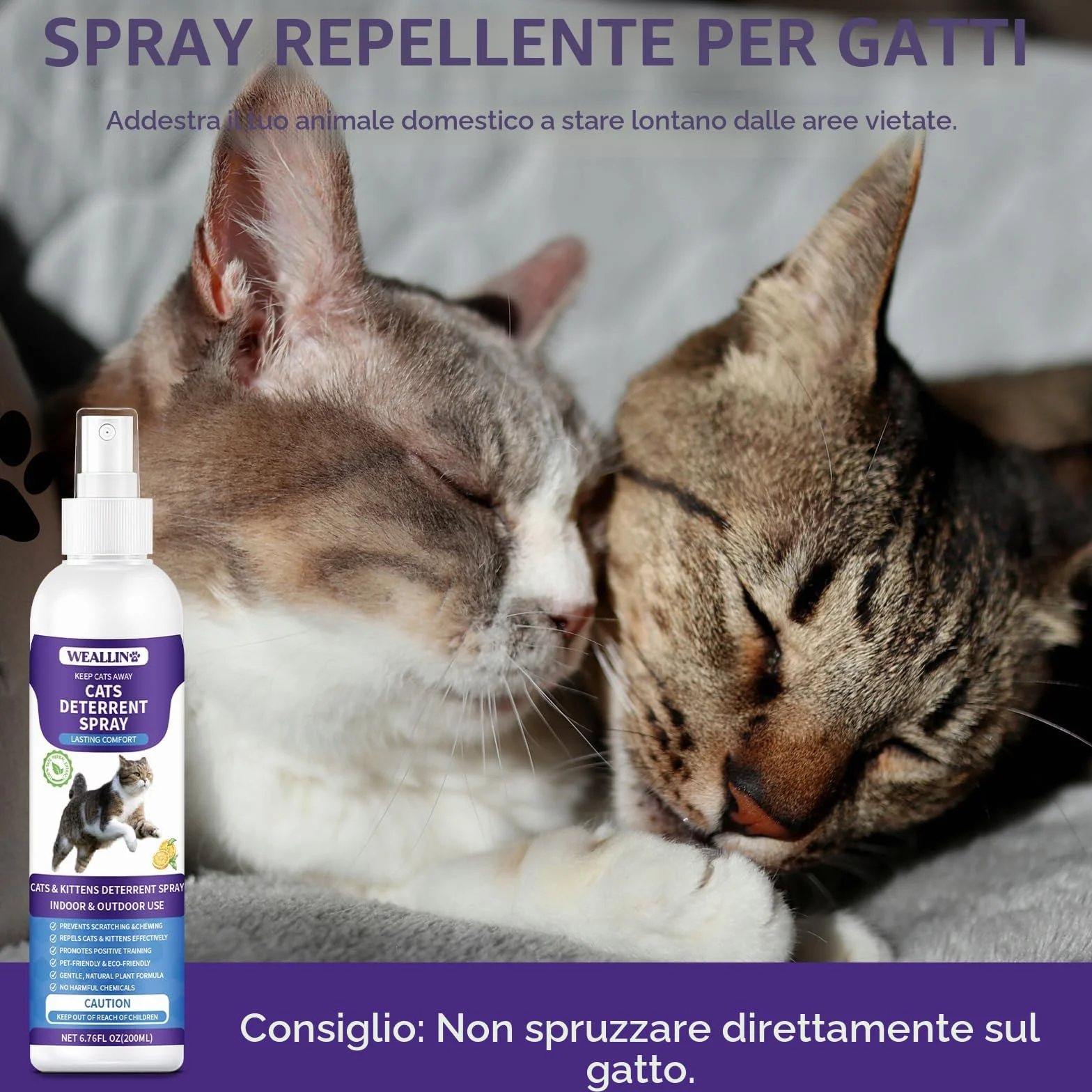 WEALLIN Spray Repellente per Gatti, 200ml Repellente Gatti e Spray AntiGraffio per Gatti Divano, Uso Interno ed Esterno, Protezione del Divano e Mobili, Ideale per Casa e Giardino