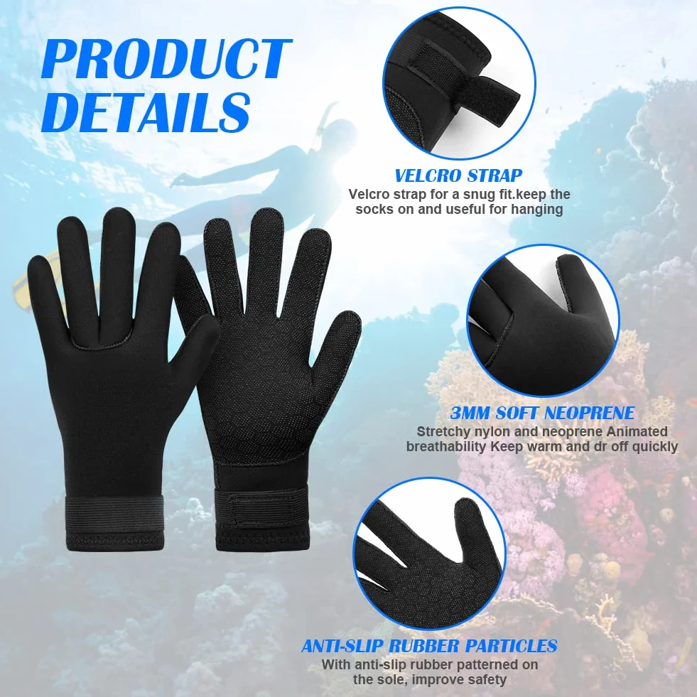AUAUY Guanti in Neoprene Elastico, 3mm Guanti da Muta Termica, Guanti da Immersione con Polso Elastico e Particelle Antiscivolo, per Immersioni Snorkeling Surf Pagaia Kayak Nuoto
