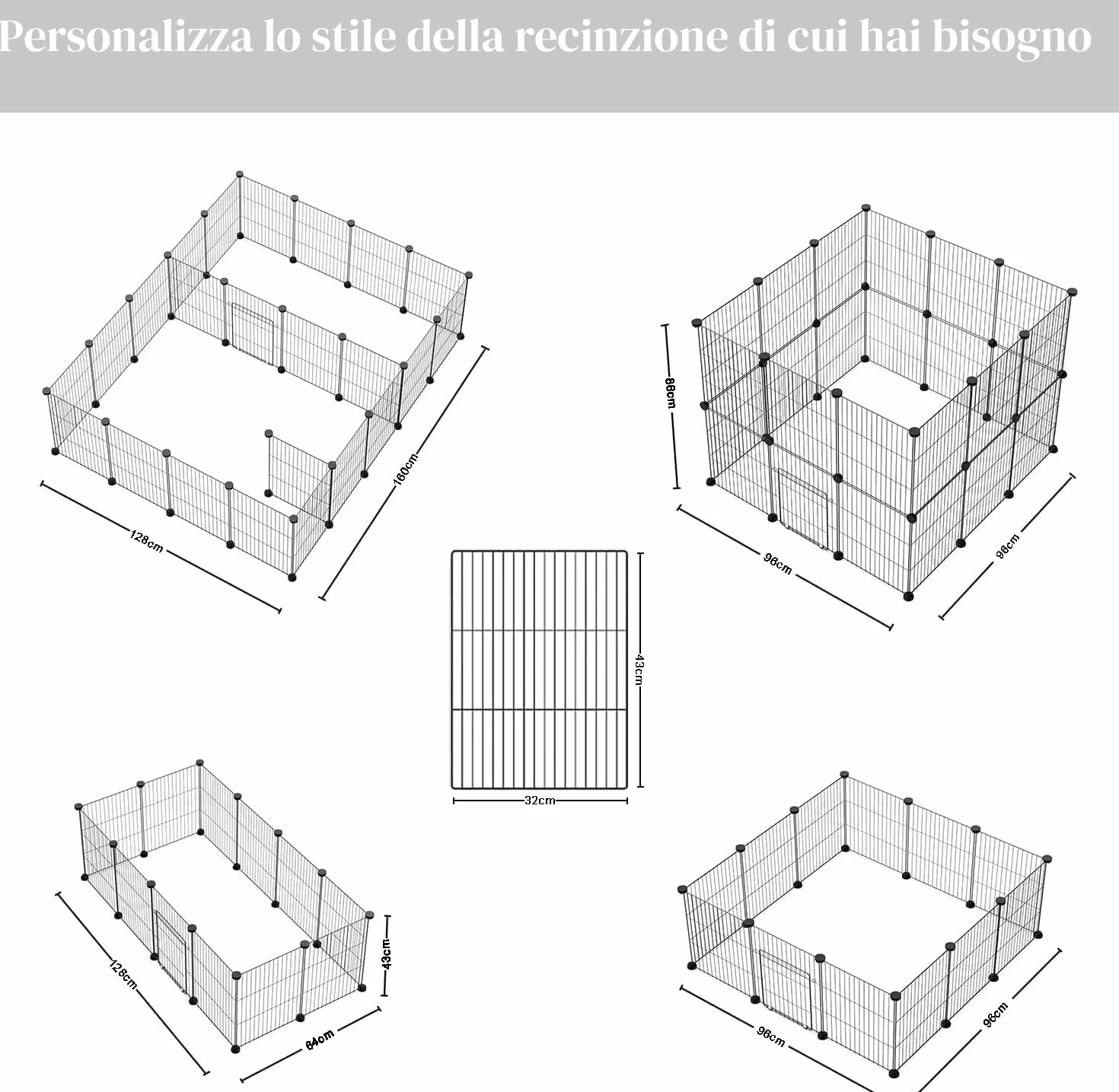 PILIN Recinto per piccoli animali, recinto per animali domestici con porta, gabbie per porcellini d'India, recinto in filo metallico portatile per interni ed esterni 43x32 12pz