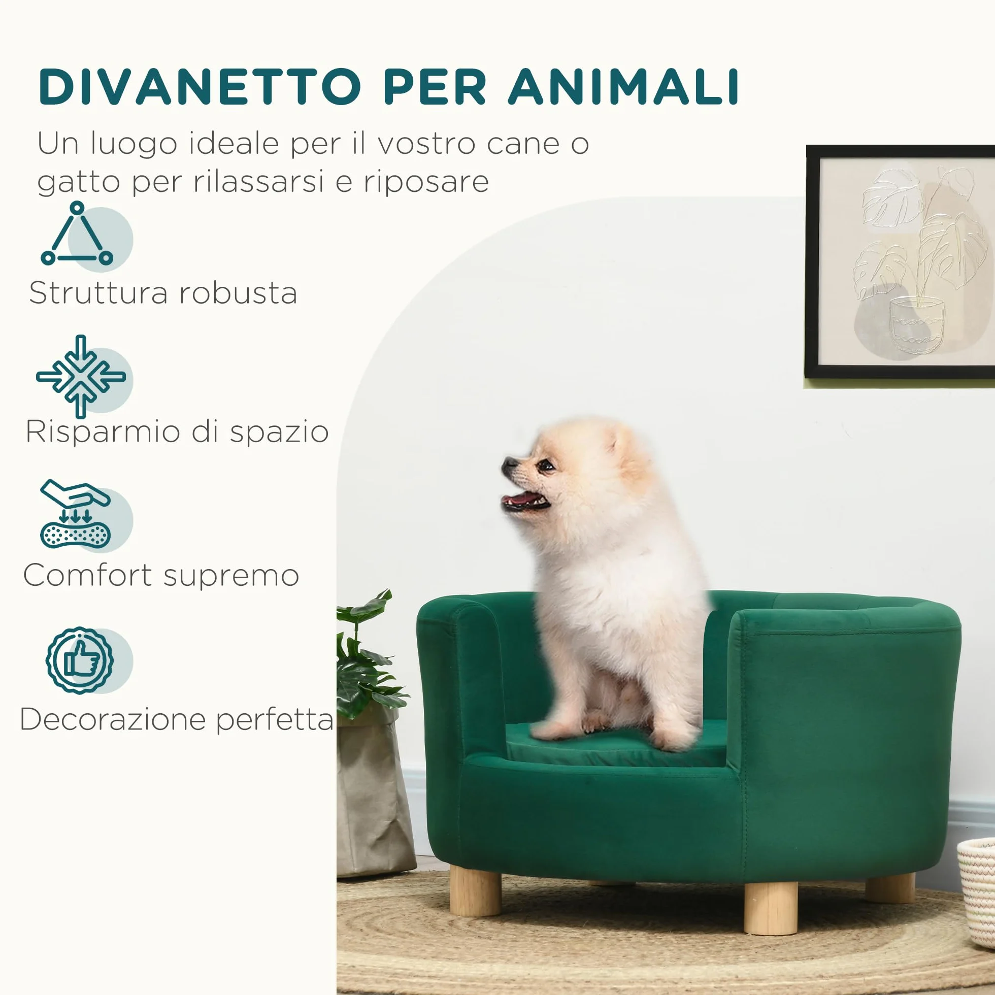 PawHut Divano per Cani Imbottito con Schienale e Cuscino Rimovibile, Cuccia per Gatto da Interno, 65x64x37cm, Verde