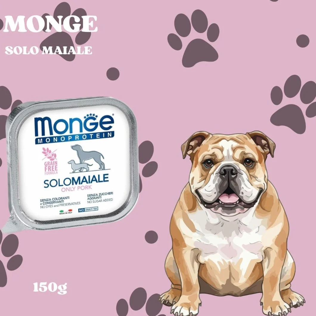 Monge Monoprotein cane, umido monoproteico per cani di tutte le taglie gusto SOLO MAIALE formula grainfree | 12 vaschette da 150 grammi l'una.