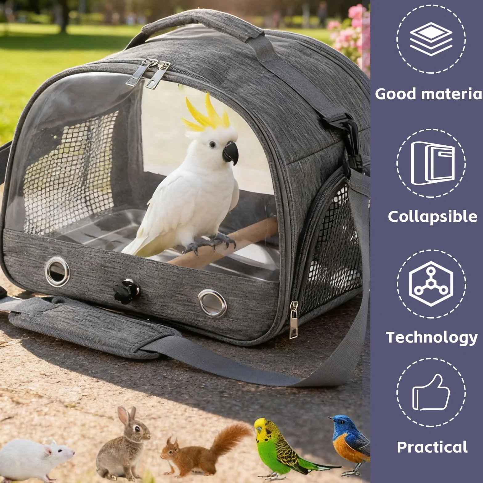 Borsa per uccelli con asta e vassoio in acciaio inox, per il trasporto di uccelli, traspirante, portatile, per pappagallini, piccoli animali, Bird Transport Box (grigio)