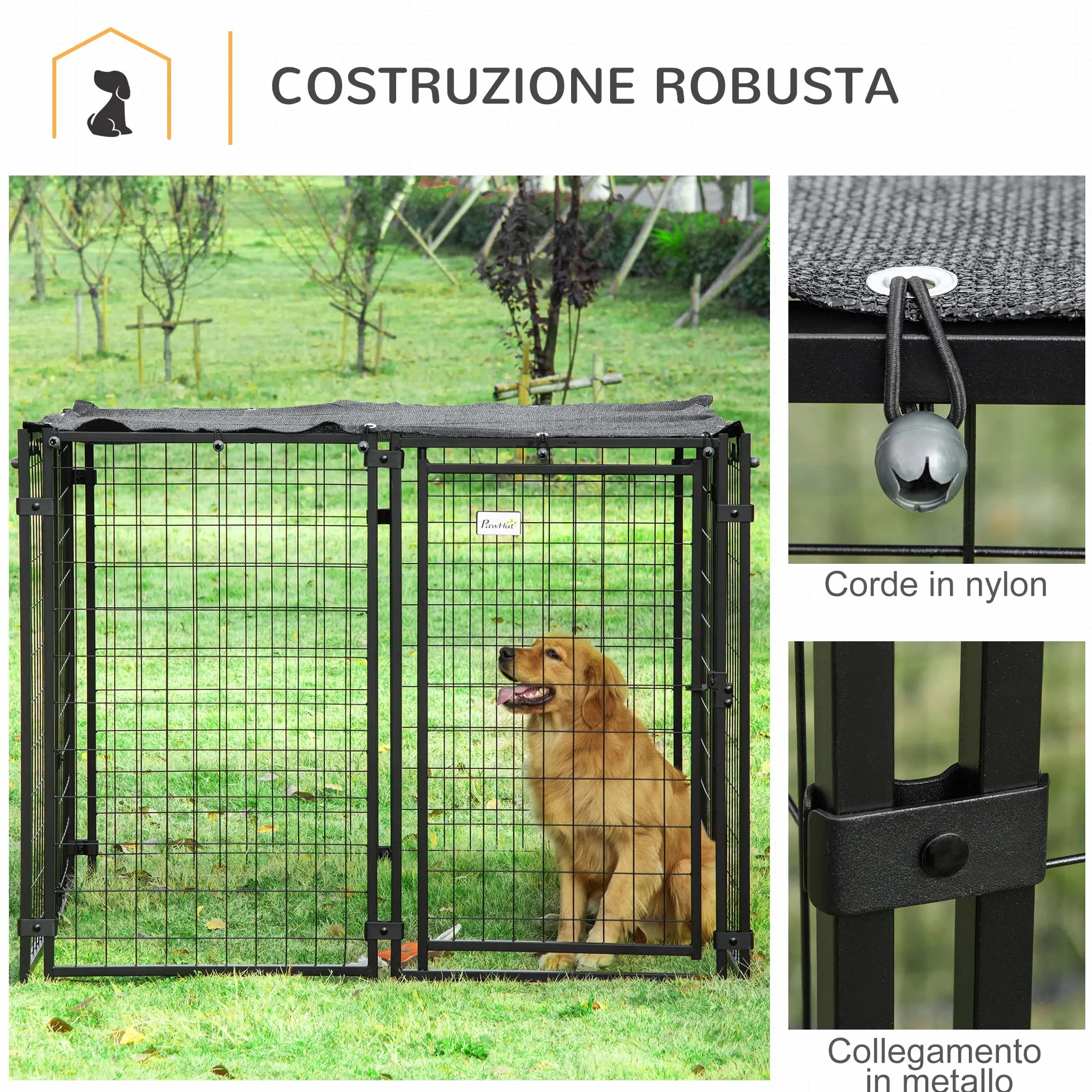 PawHut Recinto per Cani in Acciaio Pieghevole con Copertura, Box per Animali a 8 Pannelli con Porta Bloccabile, 141x141x113cm, Nero