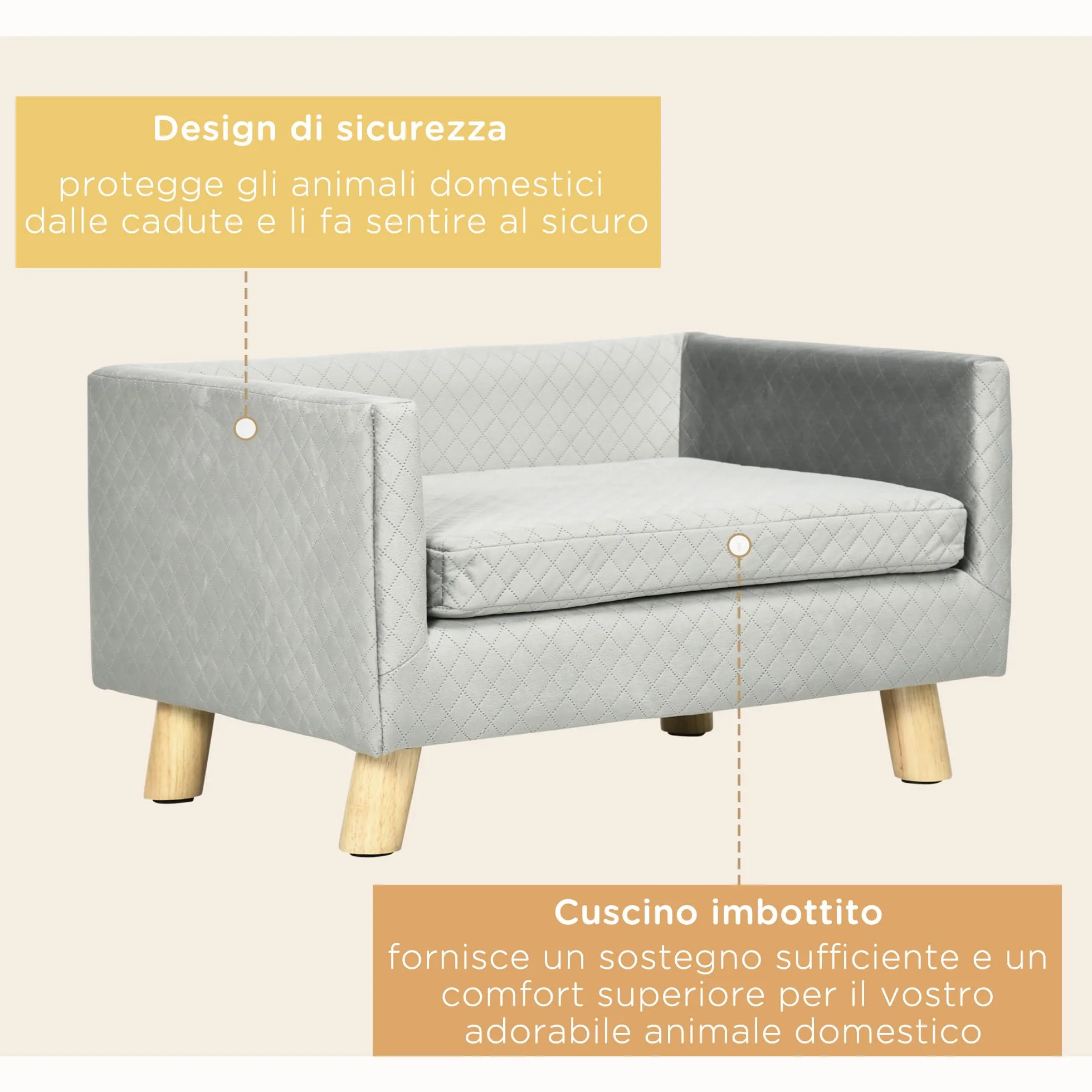 PawHut Divano per Cani e Gatti con Design Scandinavo e Cuscino Imbottito, Cuccia per Animali da Interno in Velluto e Legno, 64x45x36cm, Grigio