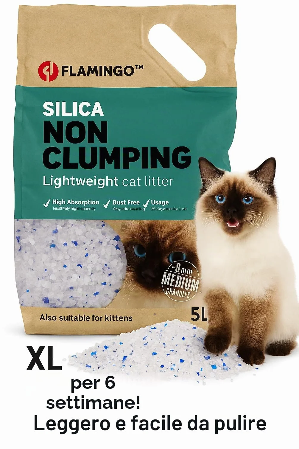 Flamingo lettiera per gatti - lettiera silicio per gatti -Silicio Granulato Medio - 5L (Fino a 6 Settimane)- Ultra Assorbente - Super leggero, senza polvere e di durata extra lunga!