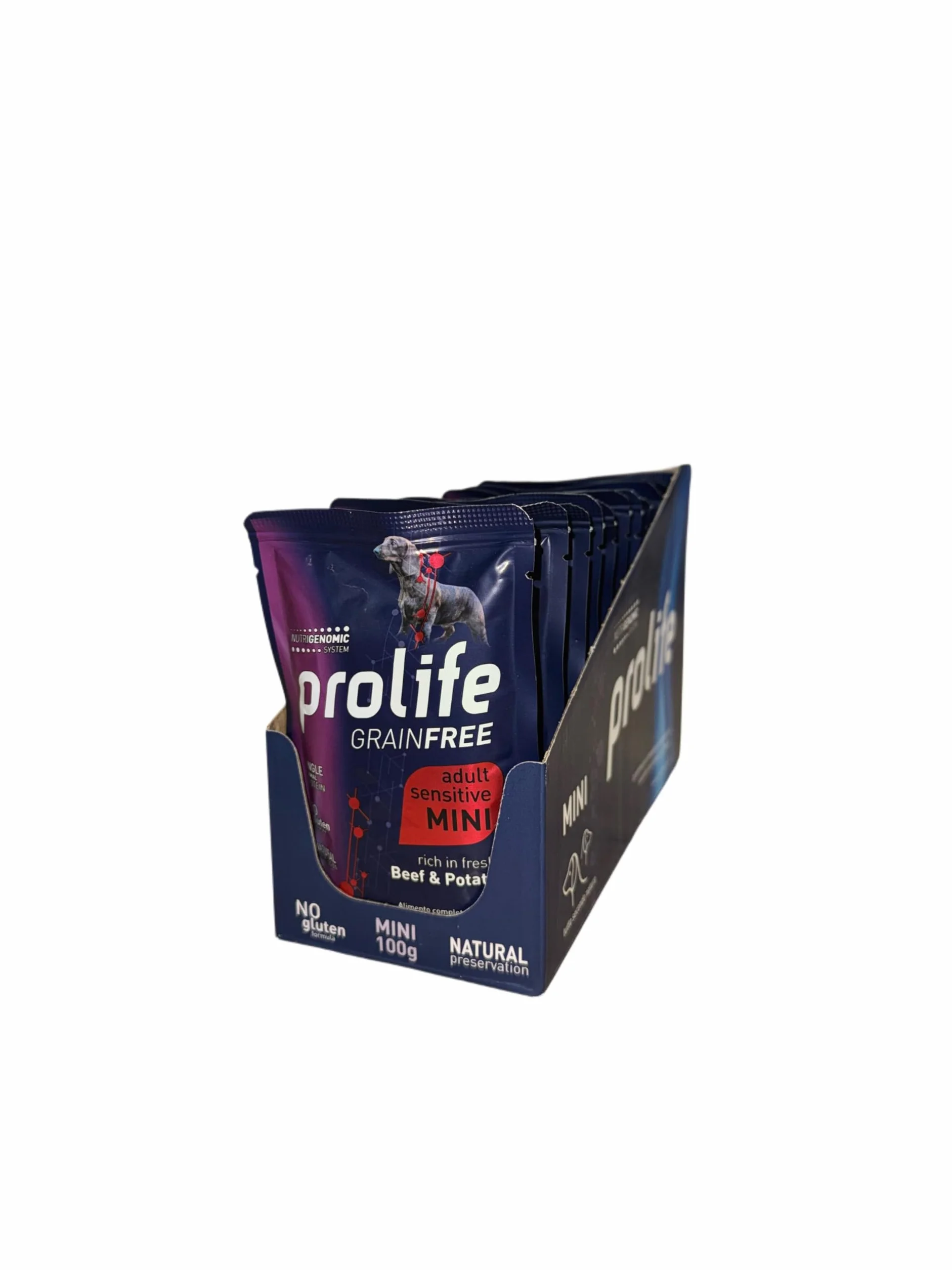Prolife umido cane monoproteico sensitive grainfree (senza cereali) adult mini MANZO e PATATE 100g | 12 bustine da 100 grammi l'una.