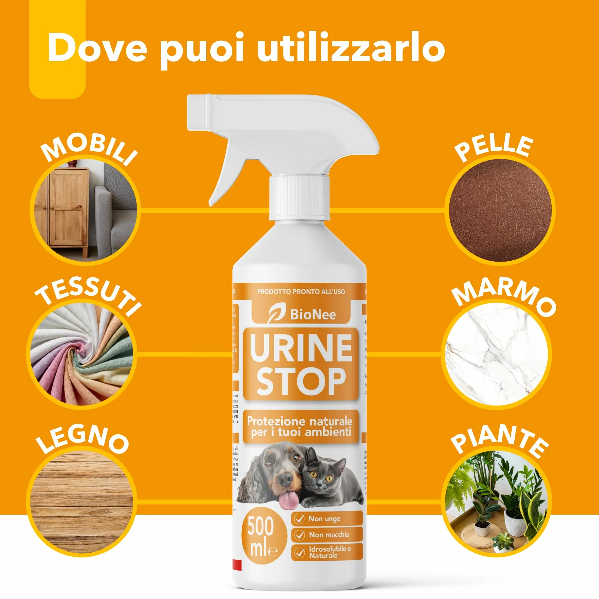 Bionee Urine Stop Spray Naturale per Cani e Gatti 500 ml – Doppia Azione: Disabituante agli Agrumi + Elimina Odori – Pronto all’Uso, Non Macchia, Sicuro per Ambienti Interni ed Esterni