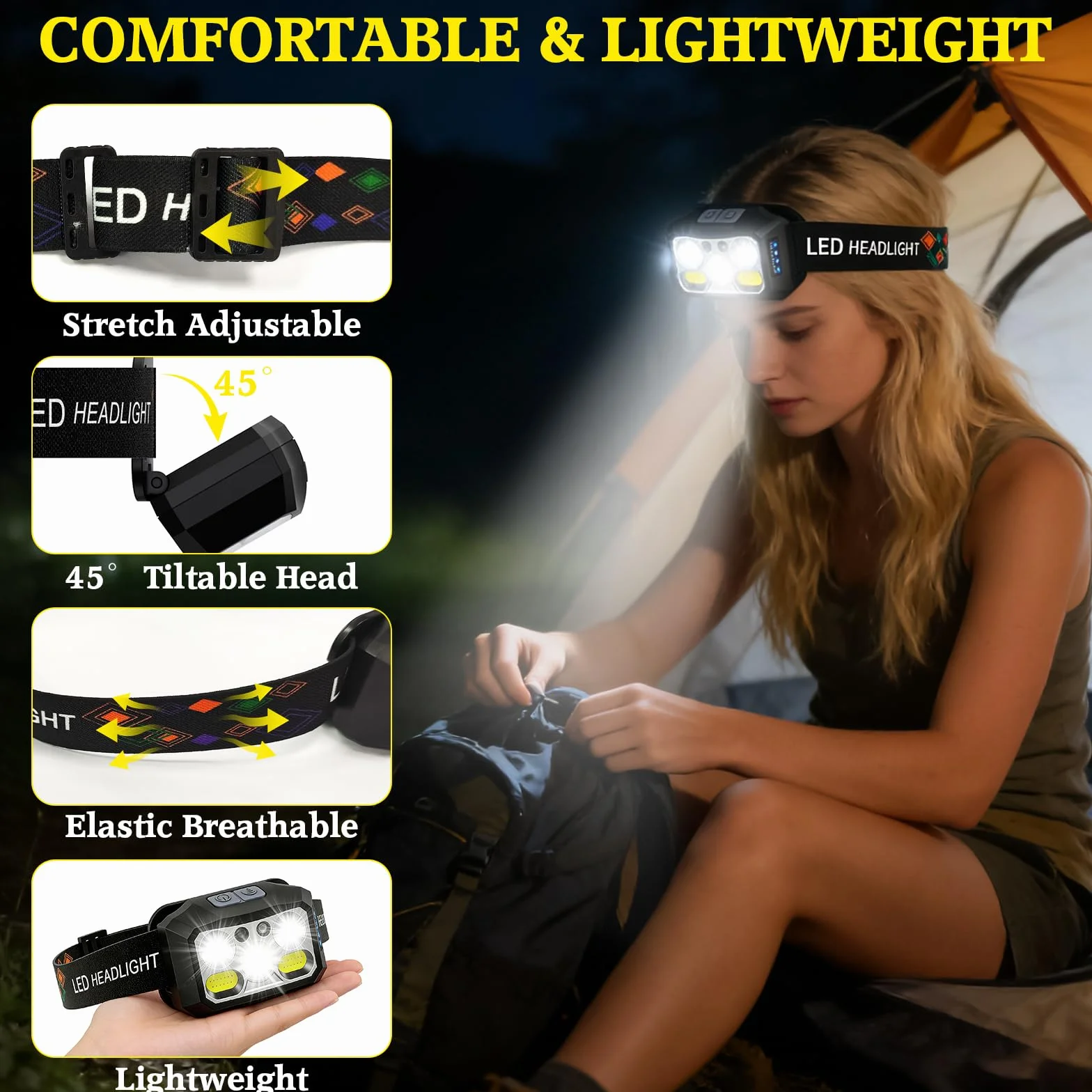 Torcia Frontale LED Ricaricabile USB 2000 Lumen 6 Modalità IPX6 Impermeabile per Pesca Campeggio Corsa 2 Pezzi