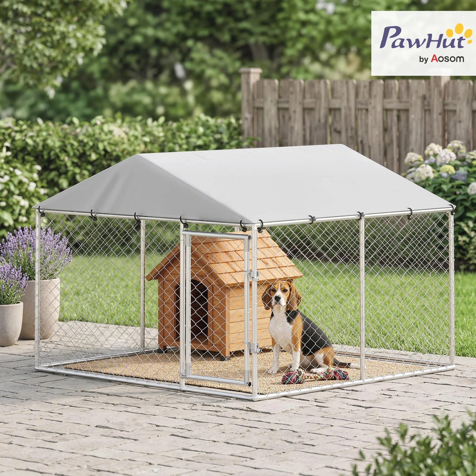 PawHut Kennel Gabbia per Cani da Esterno Grande, Recinto con Tetto Anti-UV Impermeabile, Porta Reversibile, Acciaio Zincato, 230x230x170cm, Argento
