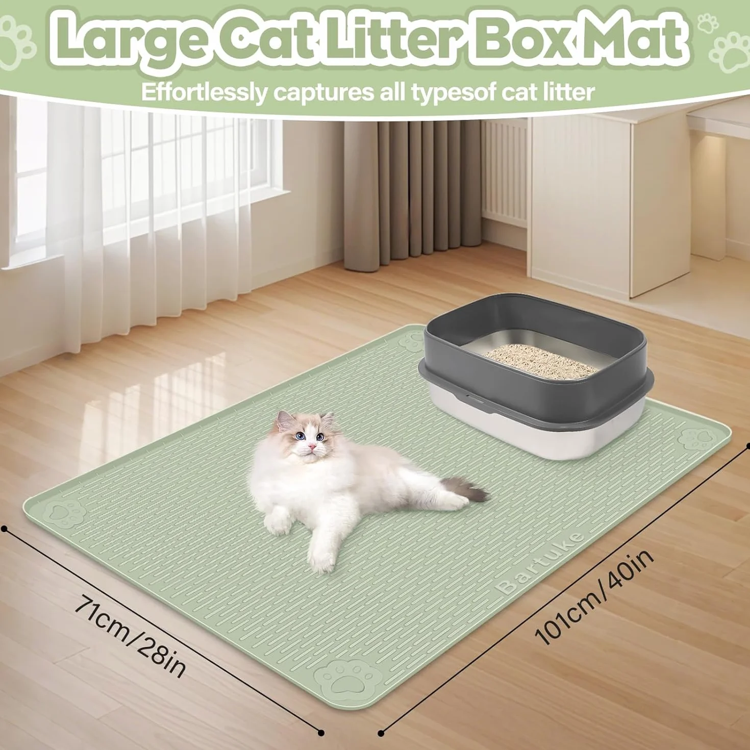 Tappetino per Lettiera Kalolary - Extra Large 101 x 71 cm Tappetino in Silicone per Gatti, Antispargimento, Morbido sulle Zampe, Impermeabile e Facile da Pulire (Verde (101 x 71 cm))