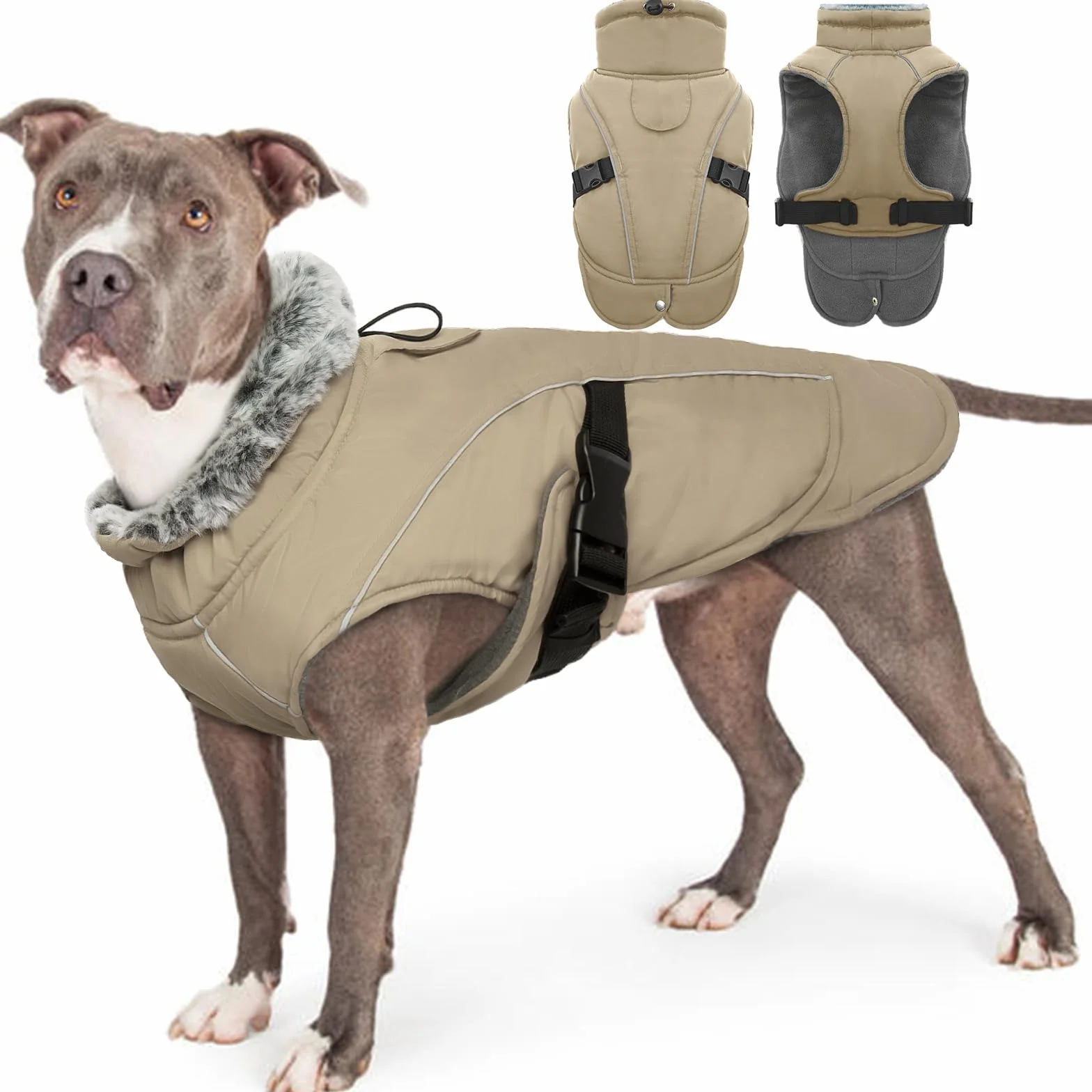 PUMYPOREITY Cappotto Invernale Impermeabile per Cani di Taglia Grande, Riflettente, Khaki, 2XL