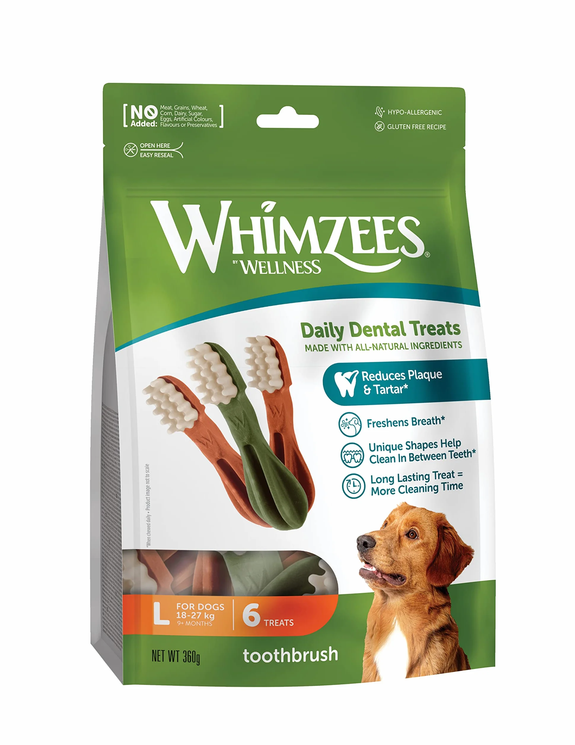 WHIMZEES Spazzolini da denti L, 6 Pezzi – Taglia L, Snack per Cani di Taglia Grande, Naturali & Senza Cereali, Vegetariane, Senza Zuccheri Aggiunti