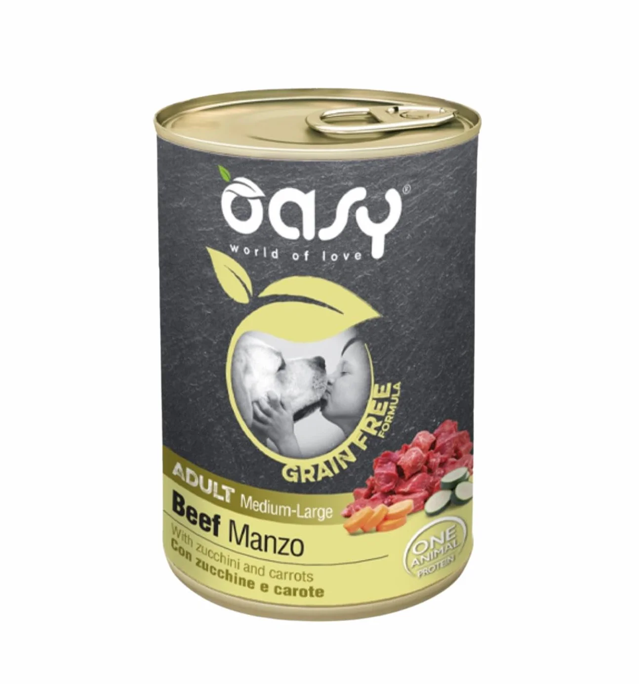 Oasy umido cane adulto grainfree, alimento completo per cani adulti di taglia media e grande (medium) gusto MANZO | 6 scatolette da 400 grammi l’una.