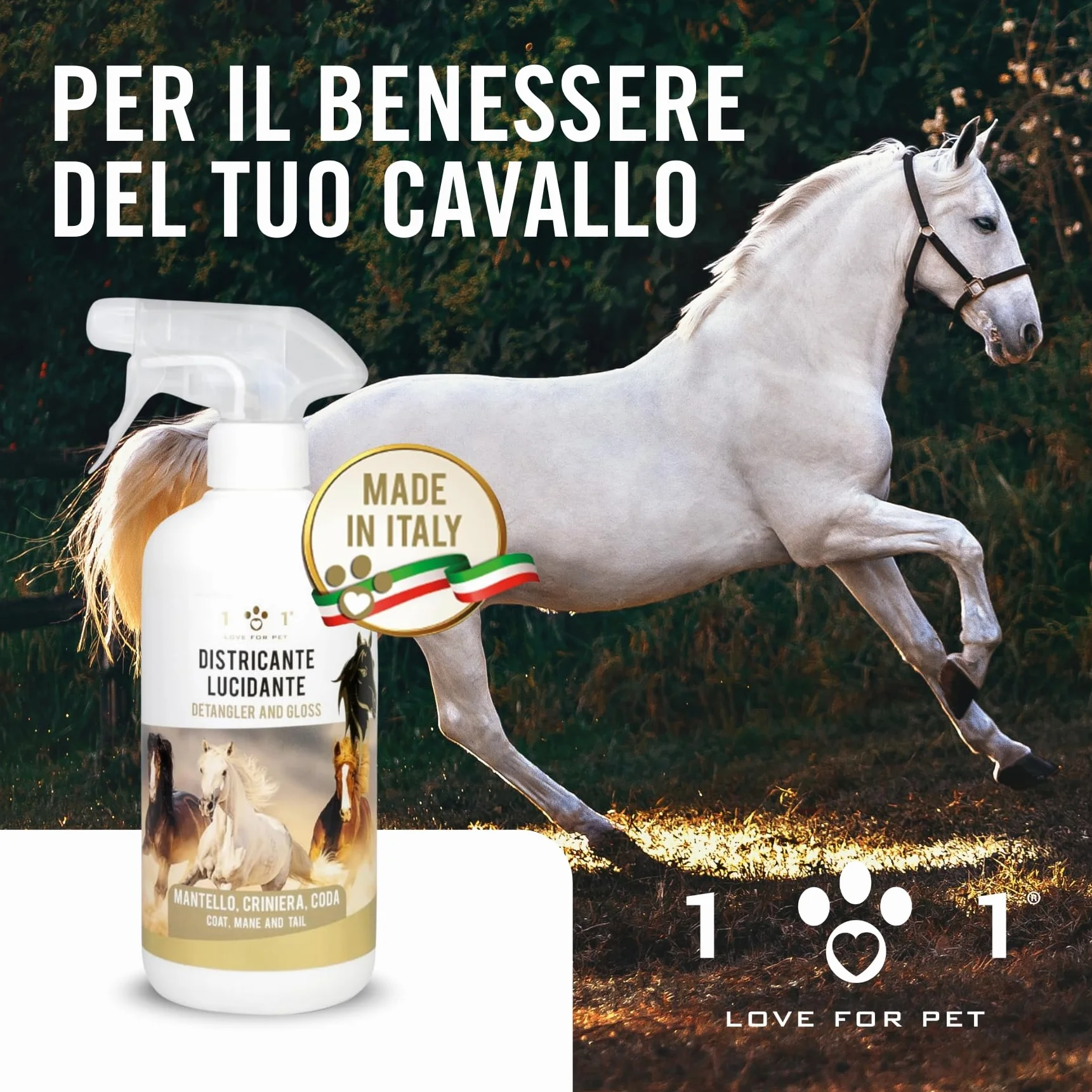 Districante Cavalli Spray Naturale 750 ml Lucidante e Detergente Vegetale per Manto, Criniera e Coda Districante per Cavalli Non Unge, Effetto Shine, Cruelty Free